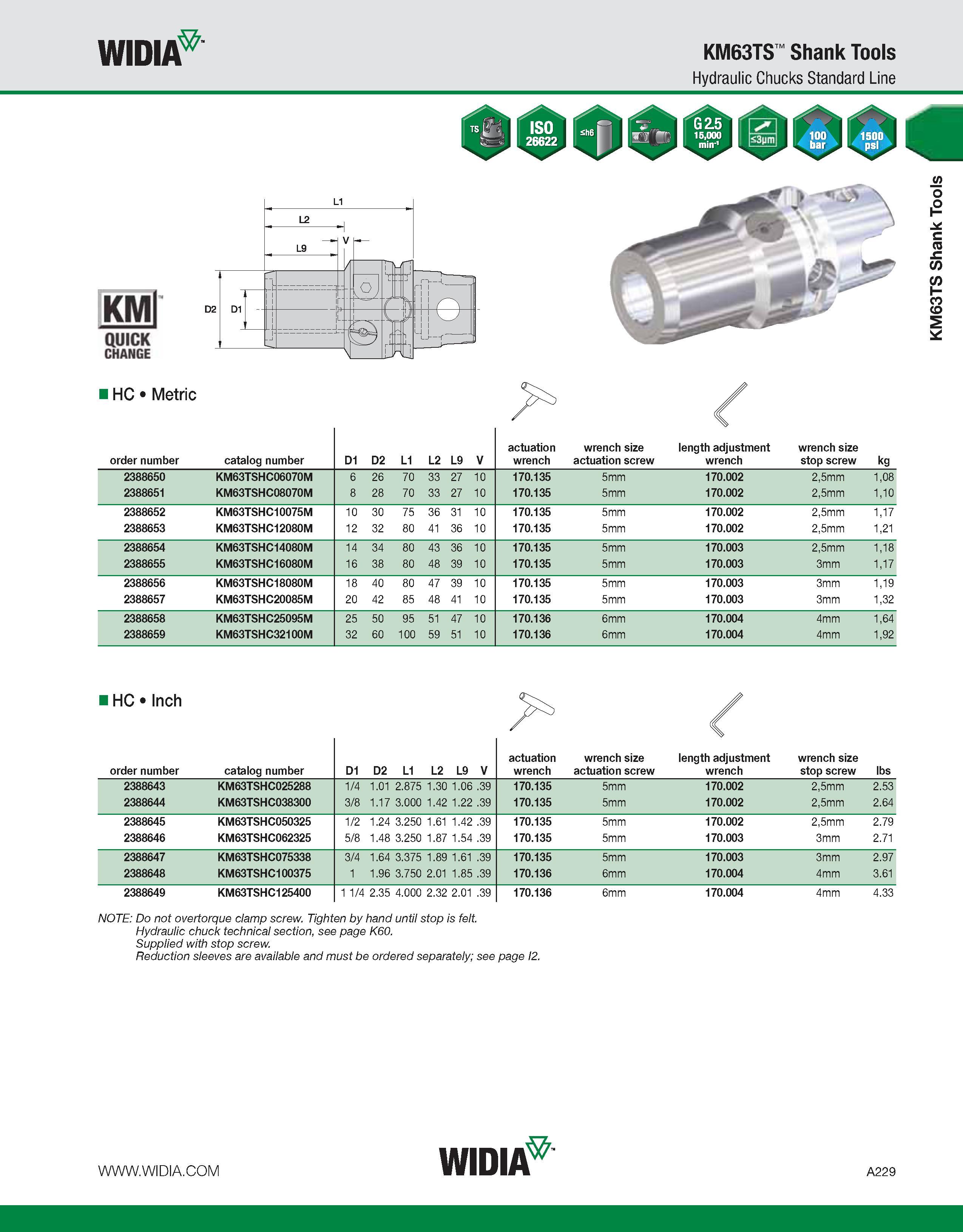 239 WIDIA KM63TS Shank Tools Hydraulic Chucks Standard Line KMl QUICK CHANGE IHC Metric i HC Inch order number catalog number D1 D2 L1 L2 L9 V actuat Каталог WIDIA 2011 Инструментальная оснастка для металлорежущих станков Вспомогательный инструмент для оборудования Адаптеры Насадки Оправки Патроны Стр. A229 ENG