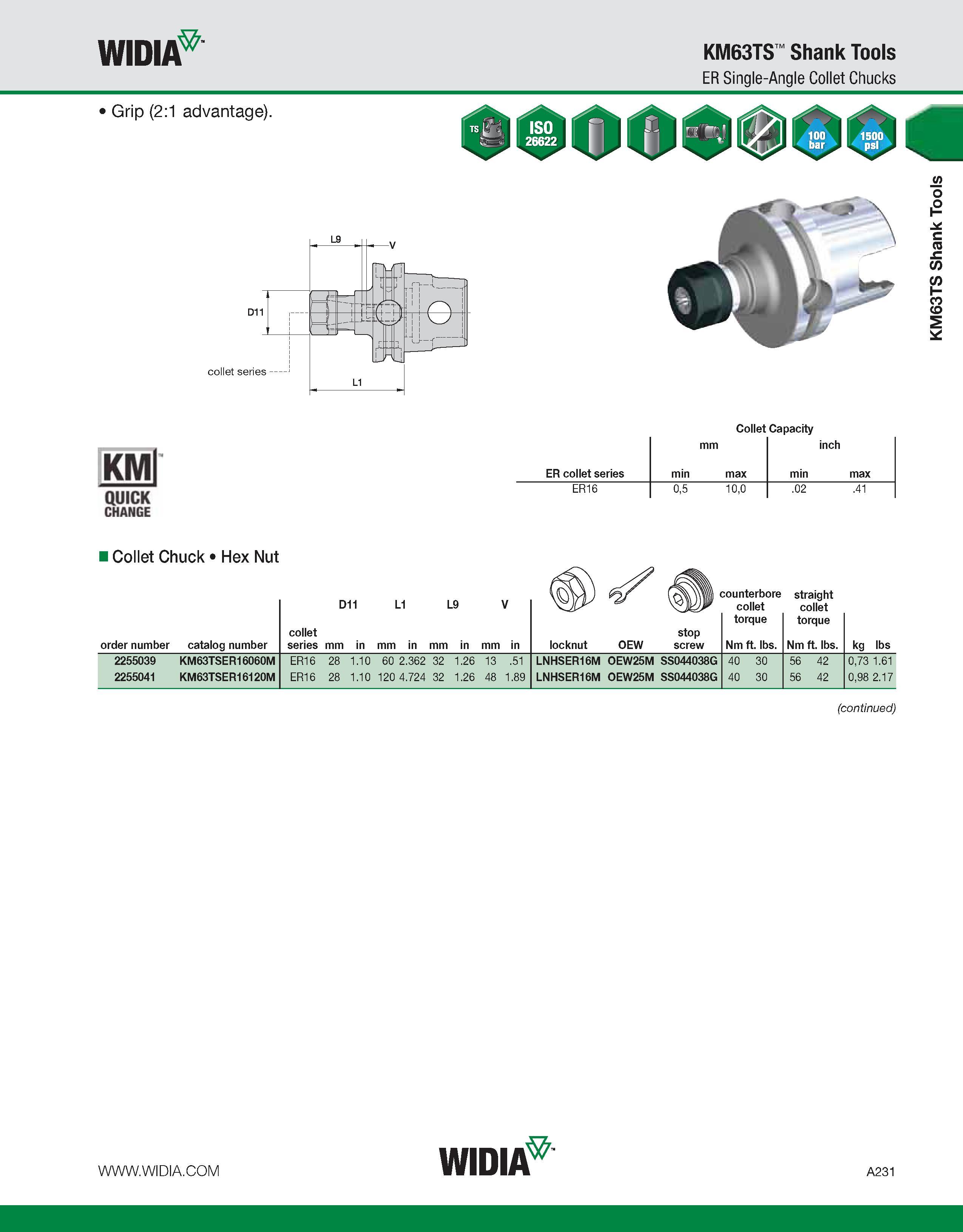 241 WIDIA KM63TS Shank Tools ER Single-Angle Collet Chucks Grip (2:1 advantage) Collet Capacity KMl QUICK CHANGE mm inch ER collet series min max min Каталог WIDIA 2011 Инструментальная оснастка для металлорежущих станков Вспомогательный инструмент для оборудования Адаптеры Насадки Оправки Патроны Стр. A231 ENG