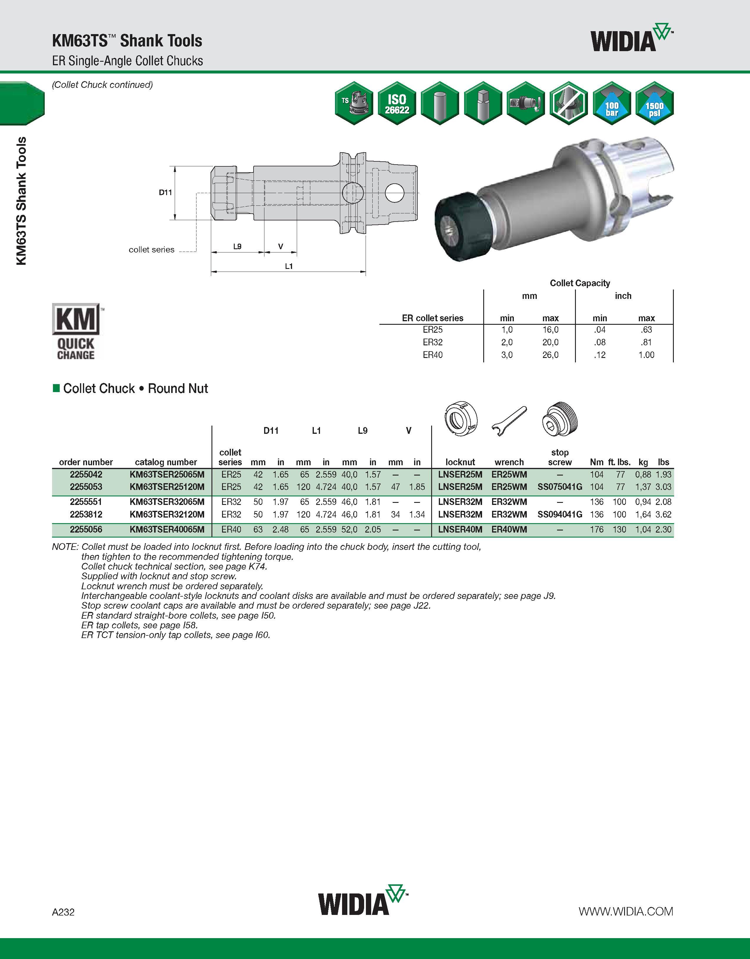 242 KM63TS Shank Tools KM63TS Shank Tools ER Single-Angle Collet Chucks WIDIA Collet Capacity KMl QUICK CHANGE ER collet series min mm max min inch m Каталог WIDIA 2011 Инструментальная оснастка для металлорежущих станков Вспомогательный инструмент для оборудования Адаптеры Насадки Оправки Патроны Стр. A232 ENG