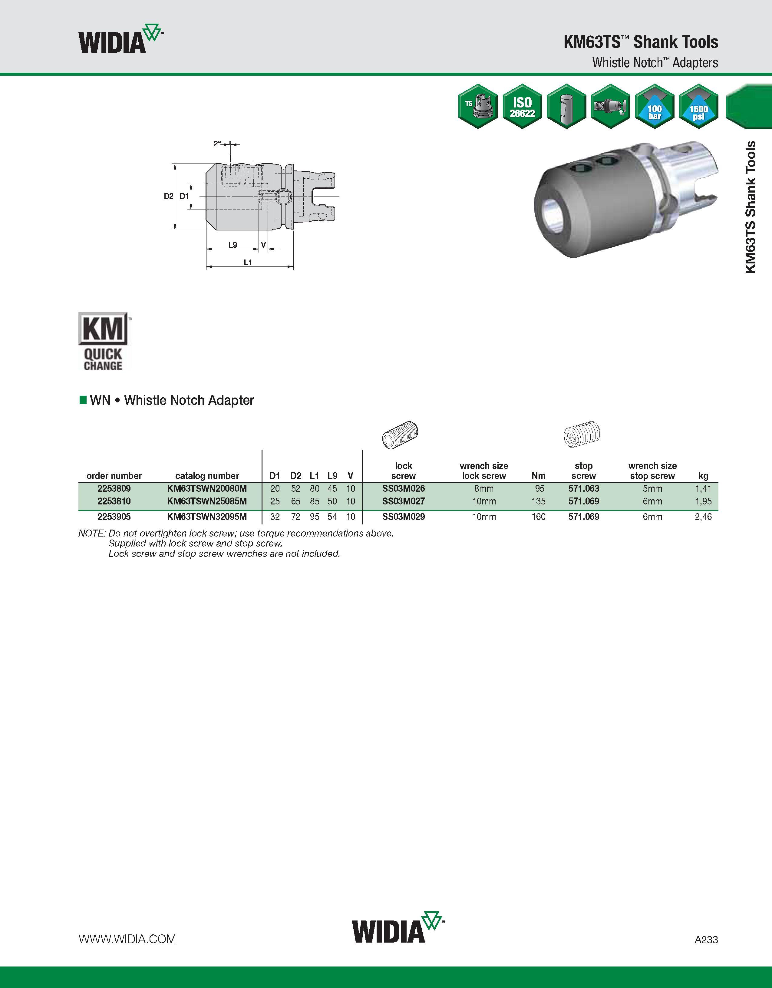 243 WIDIA KM63TS Shank Tools Whistle Notch Adapters KMl QUICK CHANGE IWN Whistle Notch Adapter order number catalog number D1 D2 L1 L9 V lock screw w Каталог WIDIA 2011 Инструментальная оснастка для металлорежущих станков Вспомогательный инструмент для оборудования Адаптеры Насадки Оправки Патроны Стр. A233 ENG