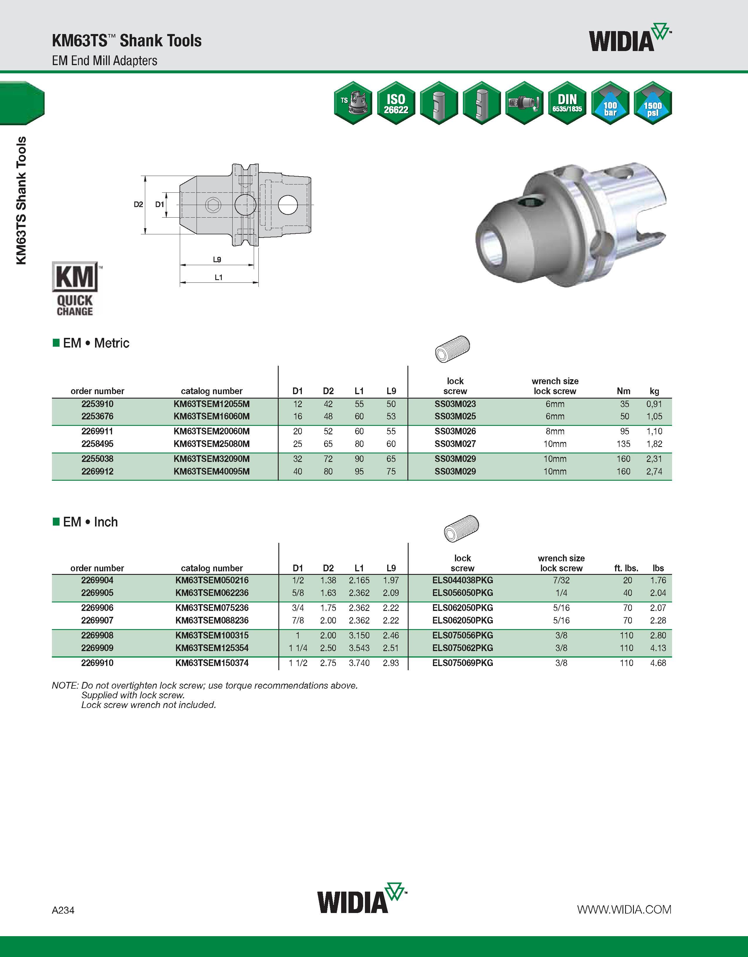 244 KM63TS Shank Tools KM63TS Shank Tools EM End Mill Adapters WIDIA KMl QUICK CHANGE EM Metric order number catalog number D1 D2 L1 L9 lock screw wr Каталог WIDIA 2011 Инструментальная оснастка для металлорежущих станков Вспомогательный инструмент для оборудования Адаптеры Насадки Оправки Патроны Стр. A234 ENG