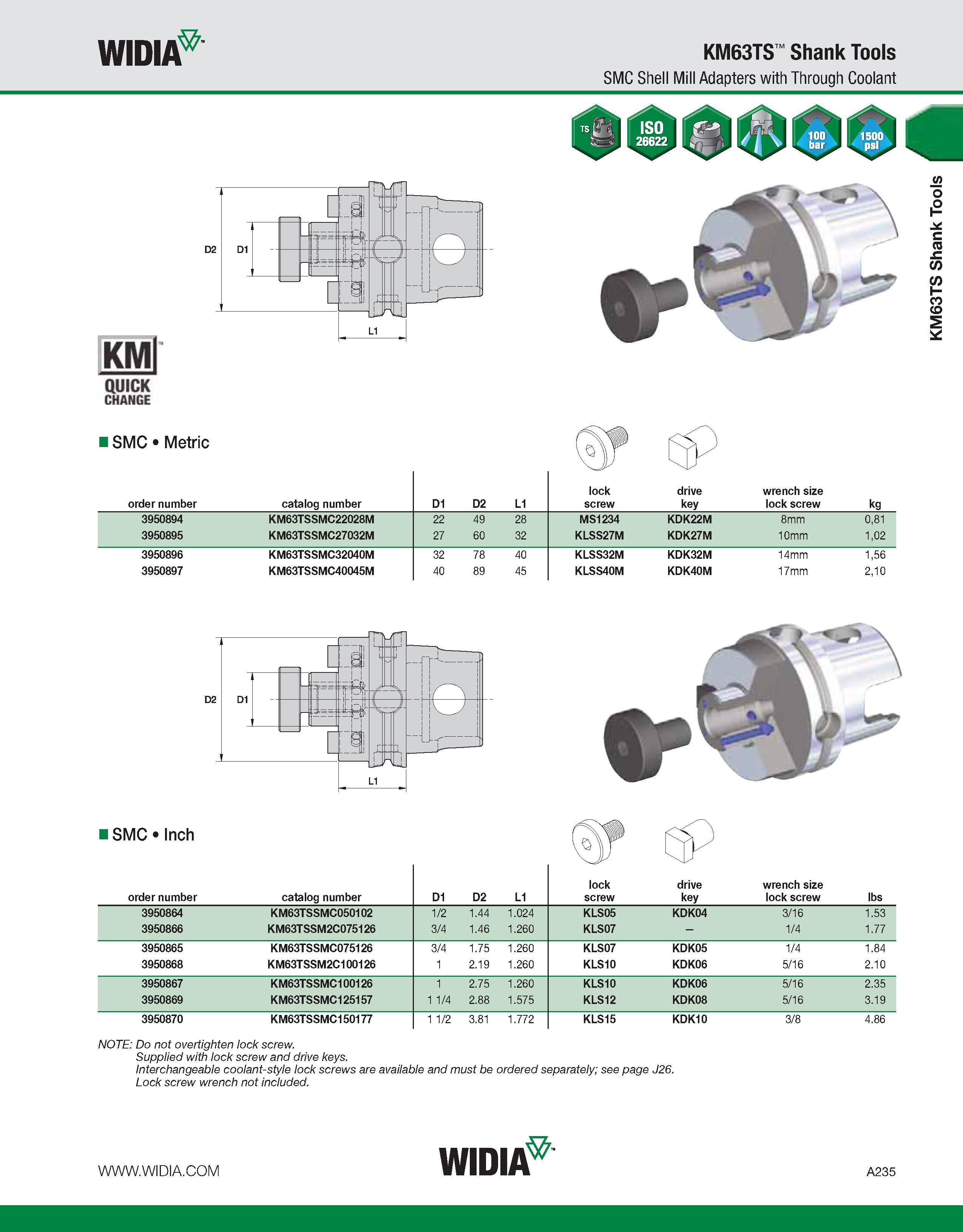 245 WIDIA KM63TS Shank Tools SMC Shell Mill Adapters with Through Coolant KMl QUICK CHANGE SMC Metric order number catalog number D1 D2 L1 lock screw Каталог WIDIA 2011 Инструментальная оснастка для металлорежущих станков Вспомогательный инструмент для оборудования Адаптеры Насадки Оправки Патроны Стр. A235 ENG