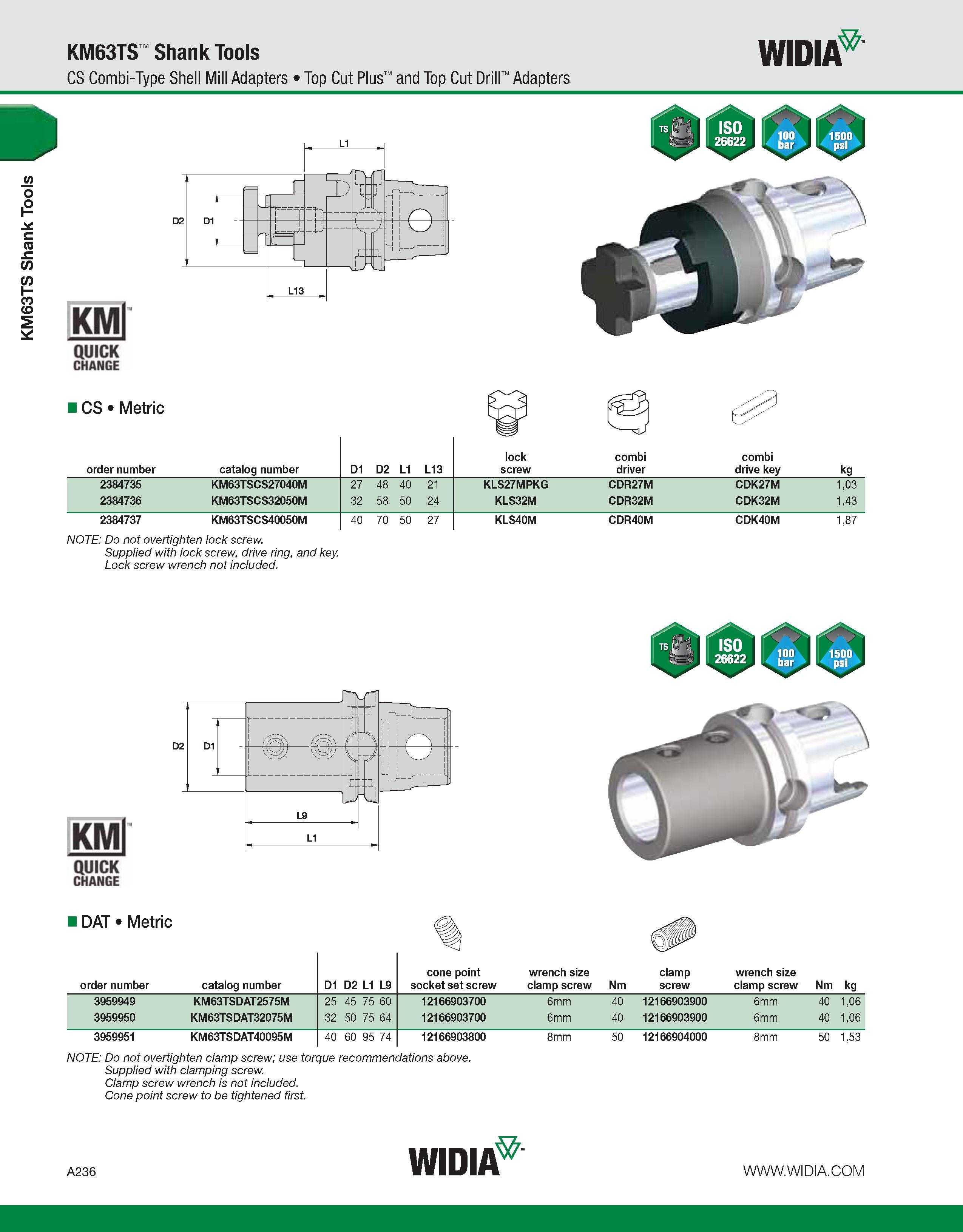 246 KM63TS Shank Tools KM63TS Shank Tools CS Combi-Type Shell Mill Adapters Top Cut Plus and Top Cut Drill Adapters WIDIA KMl QUICK CHANGE CS Metric Каталог WIDIA 2011 Инструментальная оснастка для металлорежущих станков Вспомогательный инструмент для оборудования Адаптеры Насадки Оправки Патроны Стр. A236 ENG
