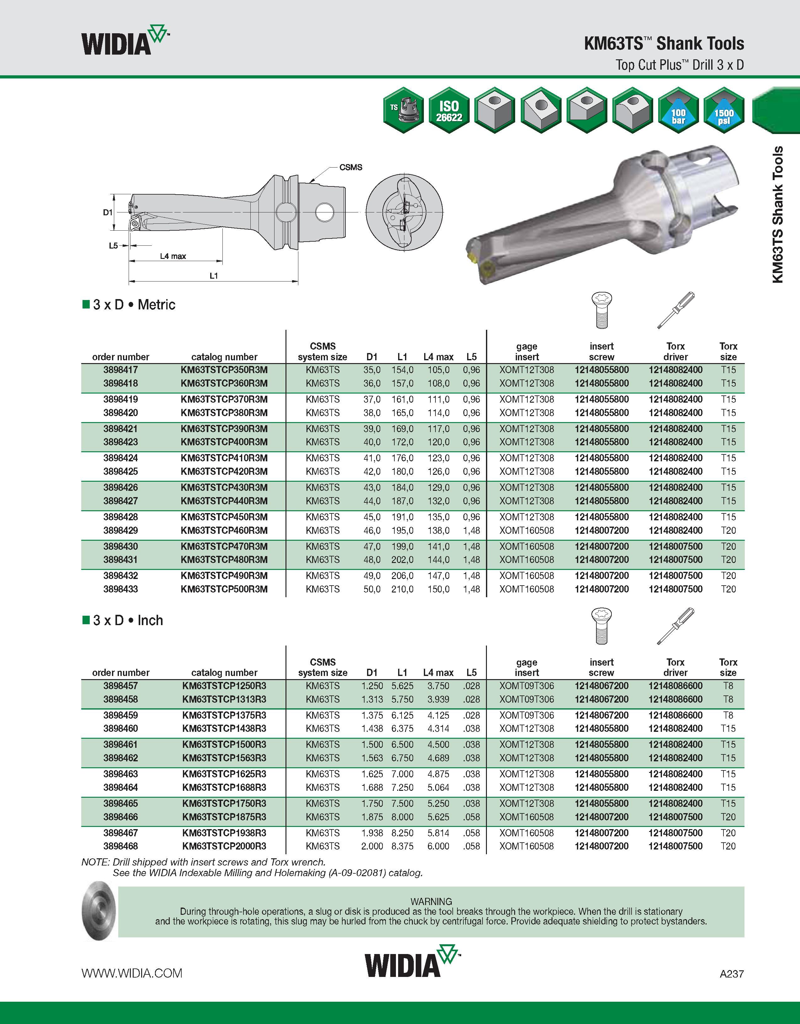 247 WIDIA KM63TS Shank Tools Top Cut Plus Drill 3 x D 13 x D Metric order number catalog number CSMS system size D1 L1 L4 max L5 gage insert insert s Каталог WIDIA 2011 Инструментальная оснастка для металлорежущих станков Вспомогательный инструмент для оборудования Адаптеры Насадки Оправки Патроны Стр. A237 ENG