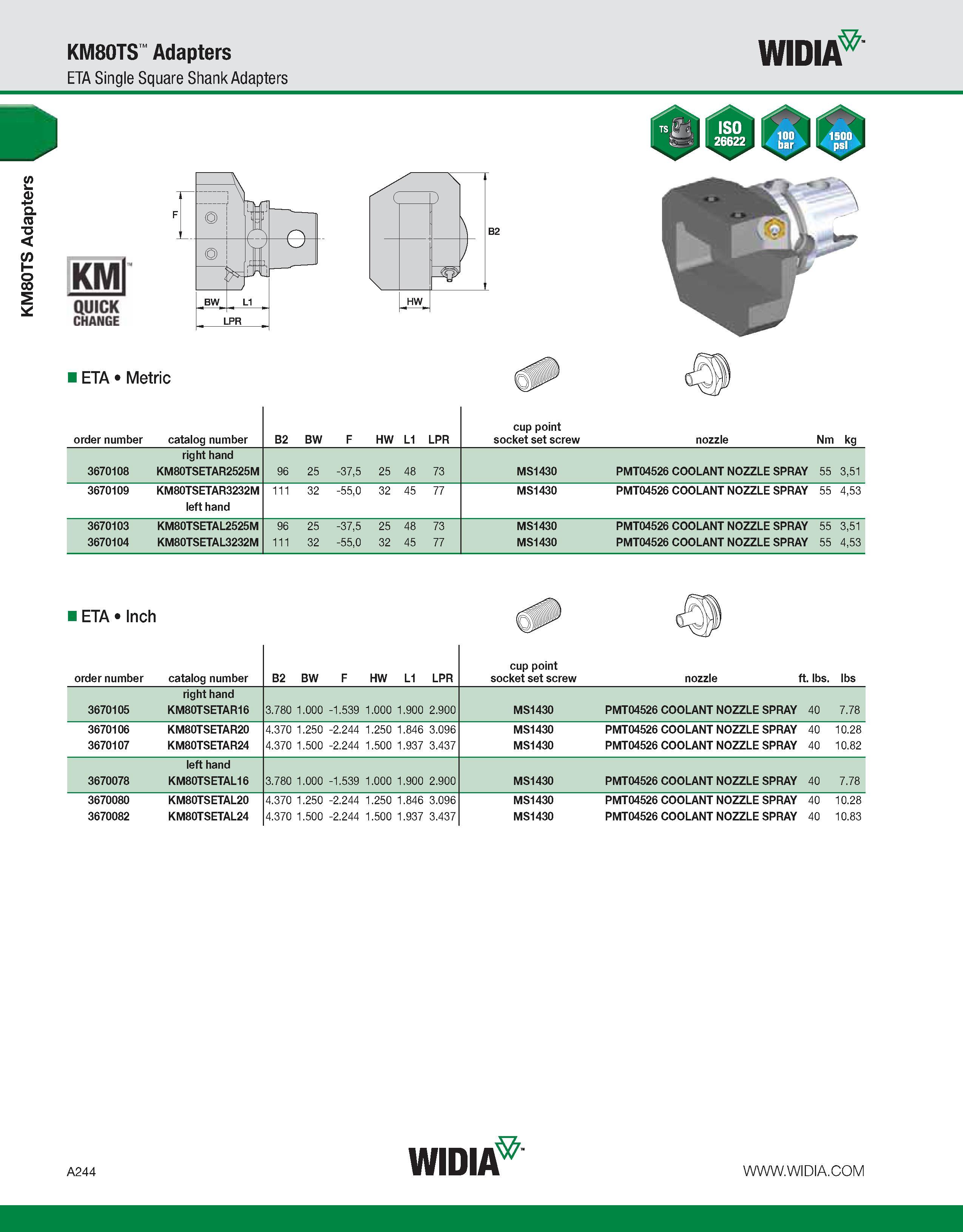 254 KM80TS Adapters KM80TS Adapters ETA Single Square Shank Adapters WIDIA KMl QUICK CHANGE ETA Metric order number catalog number B2 BW F HW L1 LPR Каталог WIDIA 2011 Инструментальная оснастка для металлорежущих станков Вспомогательный инструмент для оборудования Адаптеры Насадки Оправки Патроны Стр. A244 ENG