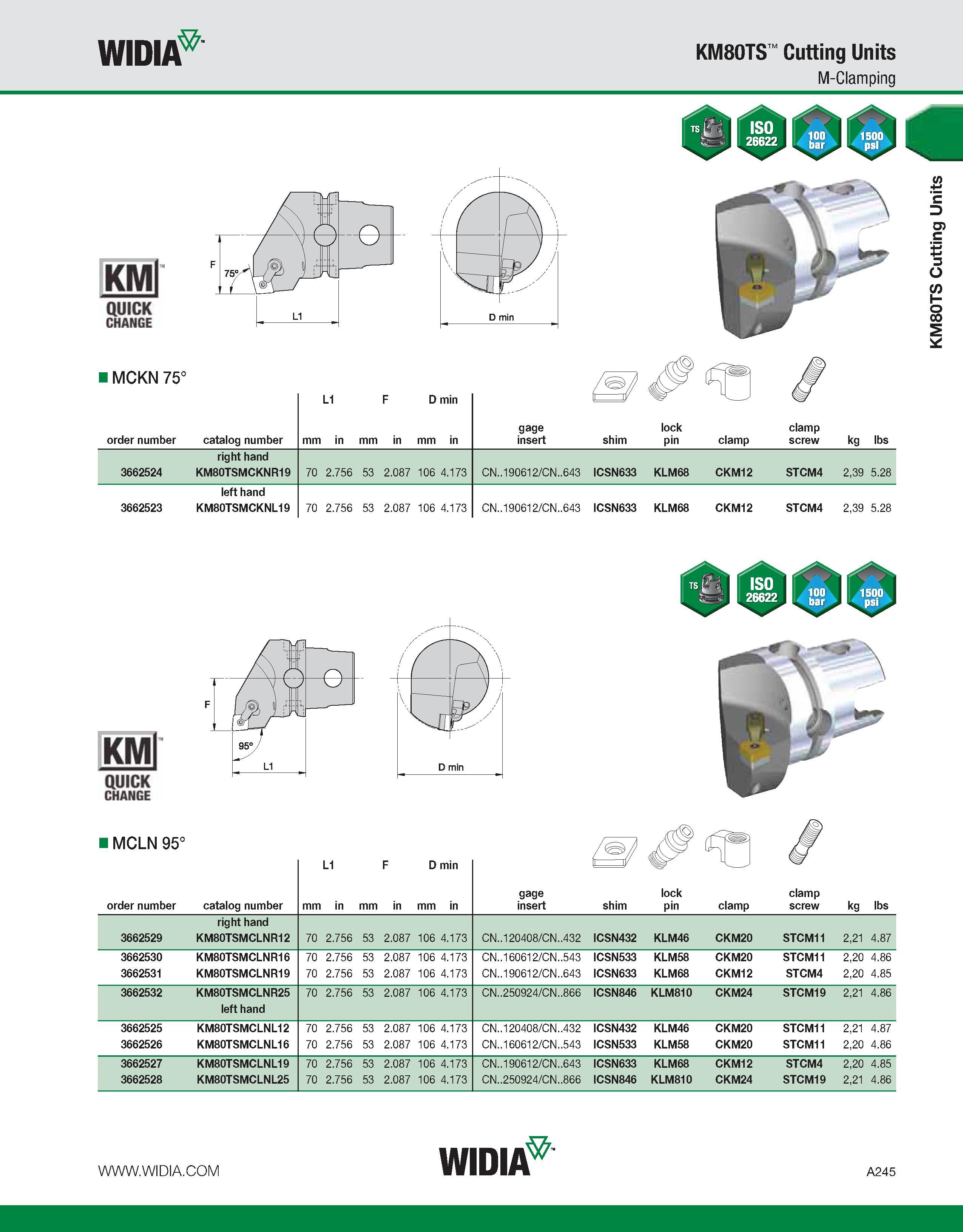 255 WIDIA KM80TS Cutting Units M-Clamping KMl QUICK CHANGE MCKN 75° order number catalog number L1 D min mm in mm in mm in gage insert lock shim pin Каталог WIDIA 2011 Инструментальная оснастка для металлорежущих станков Вспомогательный инструмент для оборудования Адаптеры Насадки Оправки Патроны Стр. A245 ENG