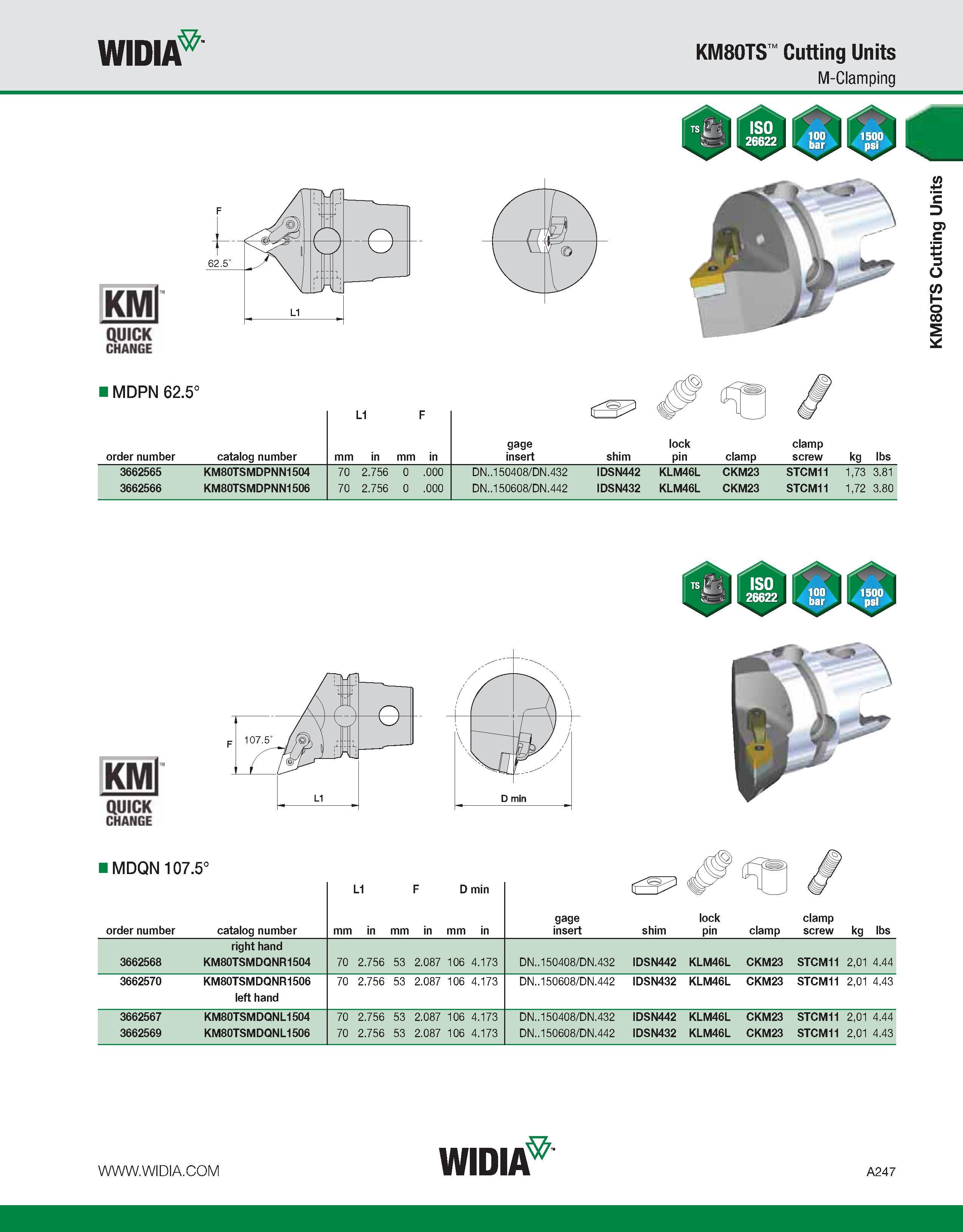 257 WIDIA KM80TS Cutting Units M-Clamping KMl QUICK CHANGE I MDPN 62 5° i'O) order number catalog number mm L1 in F mm in gage insert shim lock pin c Каталог WIDIA 2011 Инструментальная оснастка для металлорежущих станков Вспомогательный инструмент для оборудования Адаптеры Насадки Оправки Патроны Стр. A247 ENG