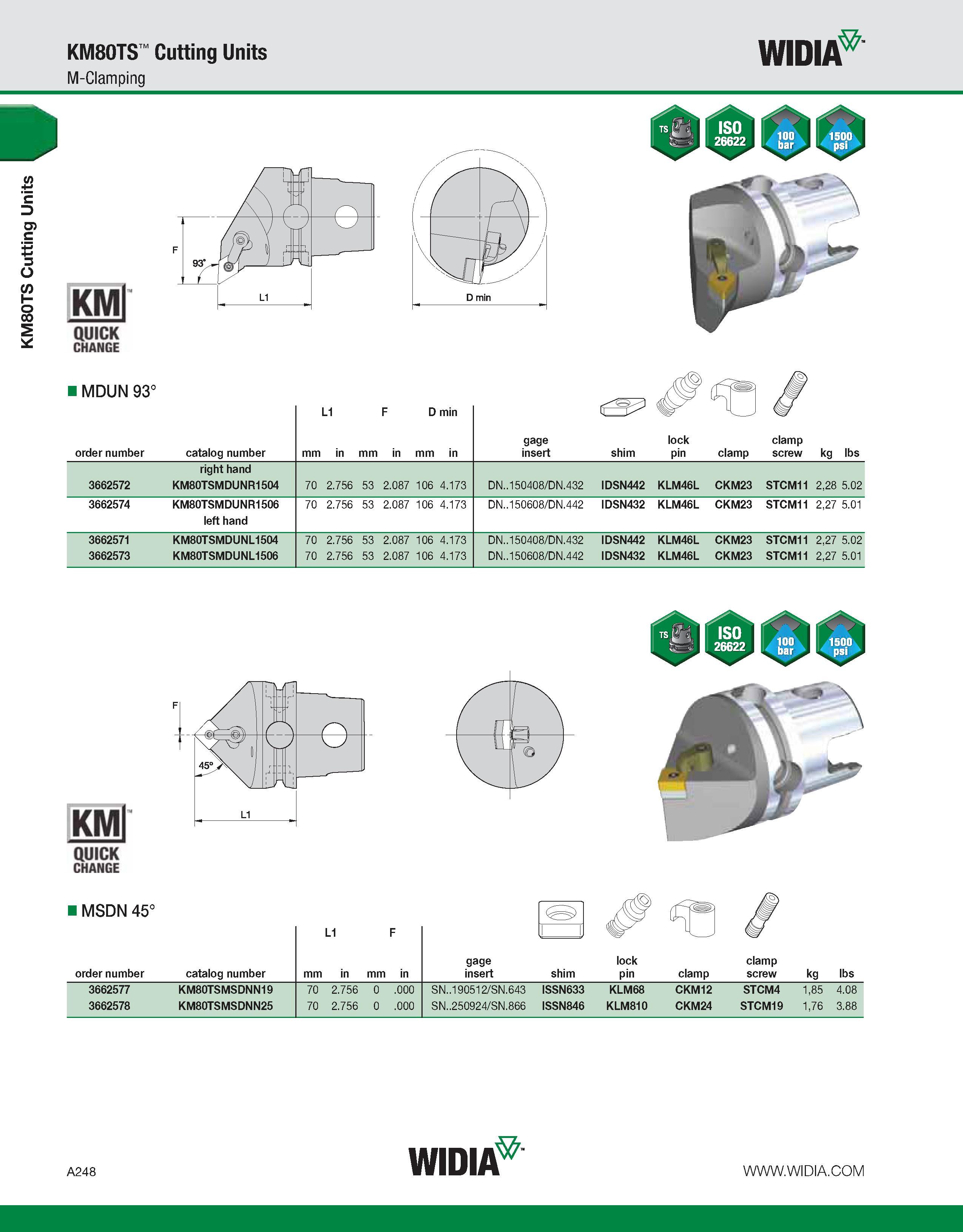 258 KM80TS Cutting Units KM80TS Cutting Units M-Clamping WIDIA KMl QUICK CHANGE MDUN 93° L1 F D min order number catalog number mm in mm in mm in gag Каталог WIDIA 2011 Инструментальная оснастка для металлорежущих станков Вспомогательный инструмент для оборудования Адаптеры Насадки Оправки Патроны Стр. A248 ENG