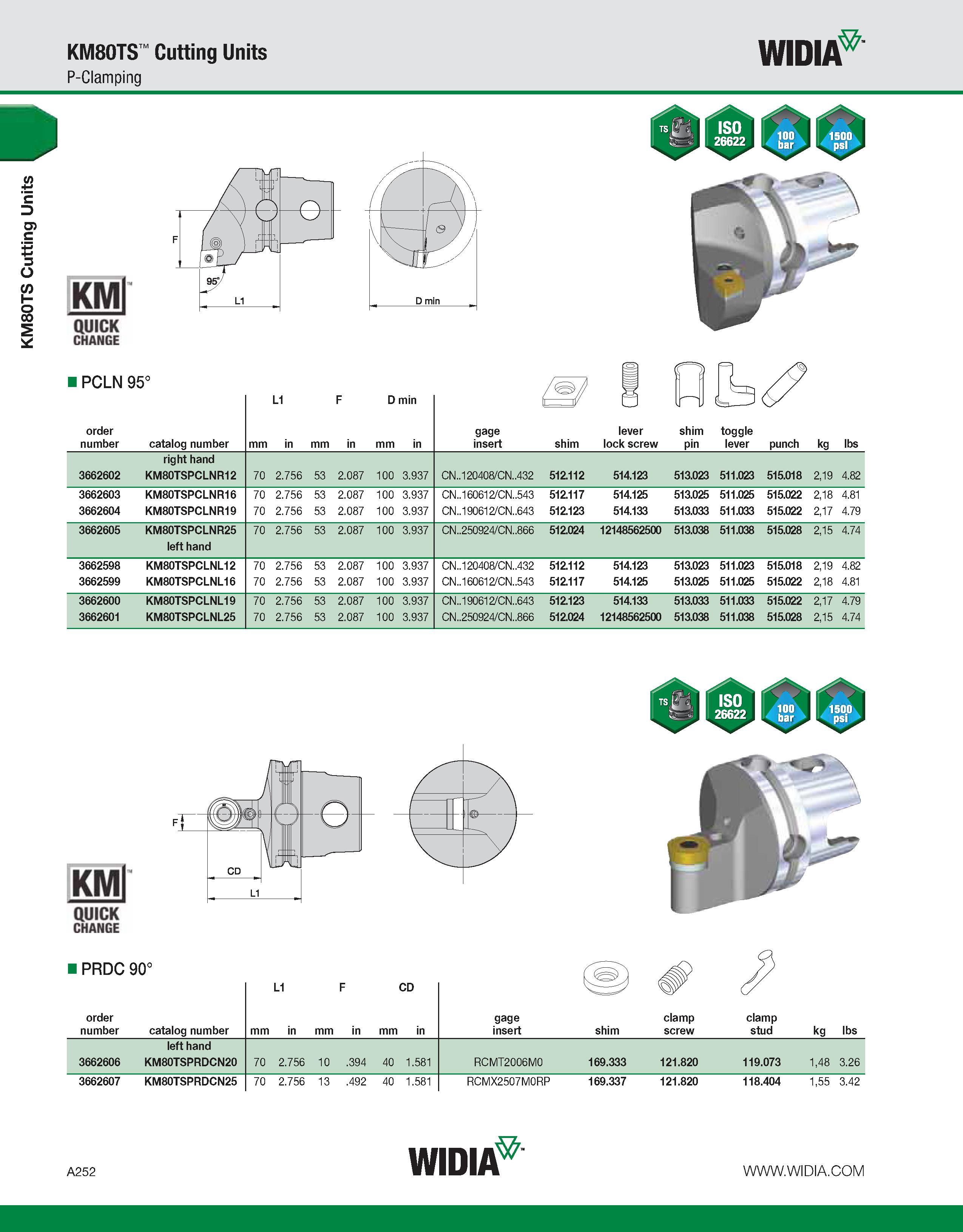 262 KM80TS Cutting Units KM80TS Cutting Units P-Clamping WIDIA KMl QUICK CHANGE PCLN 95° order number catalog number L1 F D min gage insert shim leve Каталог WIDIA 2011 Инструментальная оснастка для металлорежущих станков Вспомогательный инструмент для оборудования Адаптеры Насадки Оправки Патроны Стр. A252 ENG