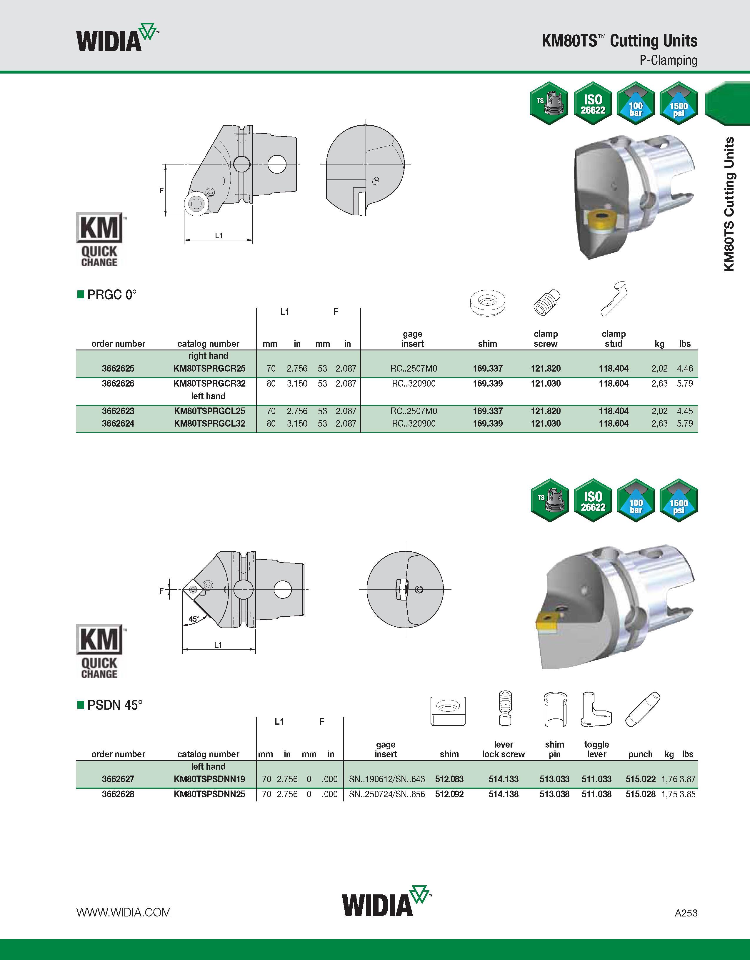 263 WIDIA KM80TS Cutting Units P-Clamping KMl QUICK CHANGE I PRGC 0° L1 F order number catalog number mm in mm in gage insert shim clamp screw clamp Каталог WIDIA 2011 Инструментальная оснастка для металлорежущих станков Вспомогательный инструмент для оборудования Адаптеры Насадки Оправки Патроны Стр. A253 ENG