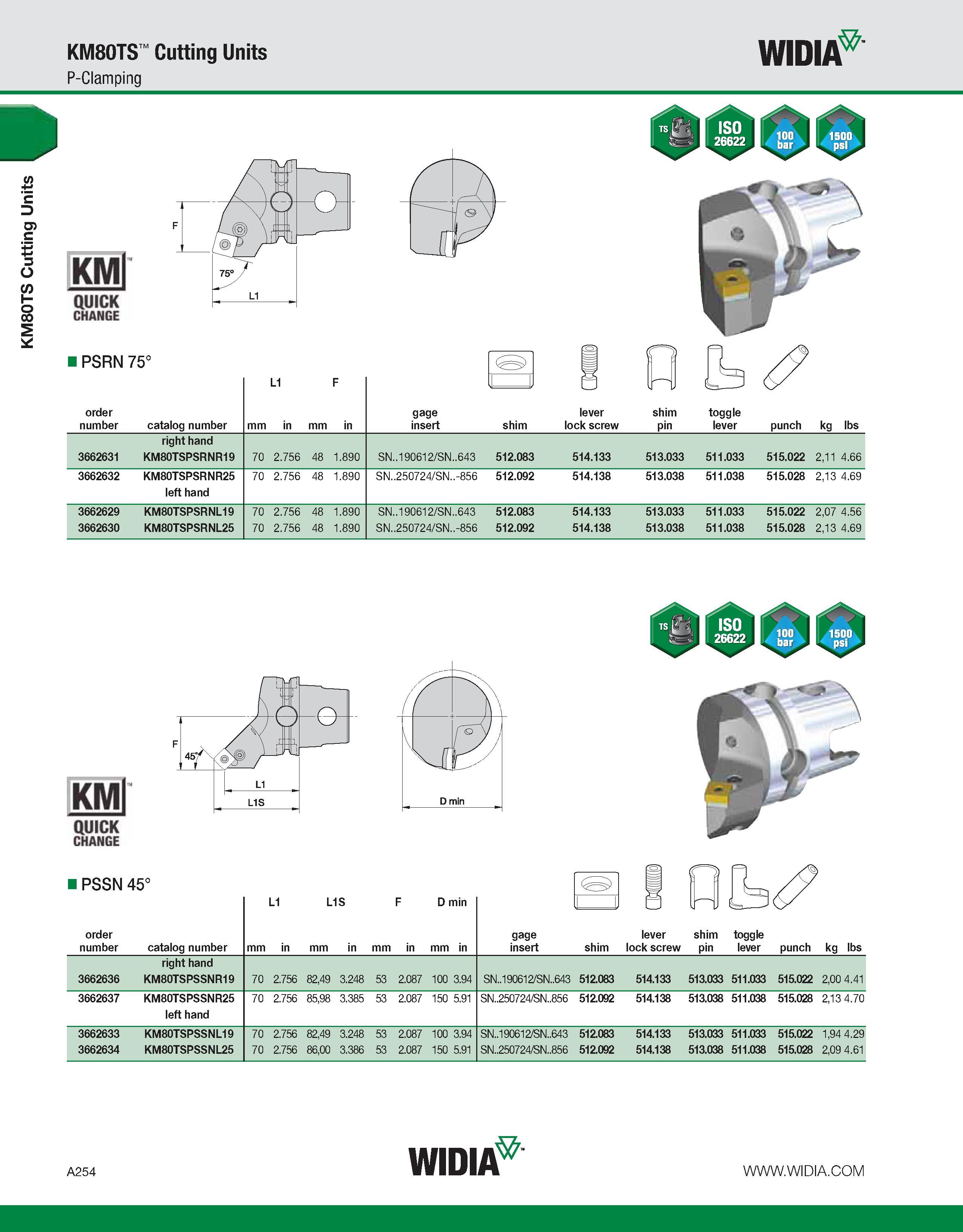 264 KM80TS Cutting Units KM80TS Cutting Units P-Clamping WIDIA KMl QUICK CHANGE PSRN 75° L1 order number catalog number mm in mm in gage insert shim Каталог WIDIA 2011 Инструментальная оснастка для металлорежущих станков Вспомогательный инструмент для оборудования Адаптеры Насадки Оправки Патроны Стр. A254 ENG