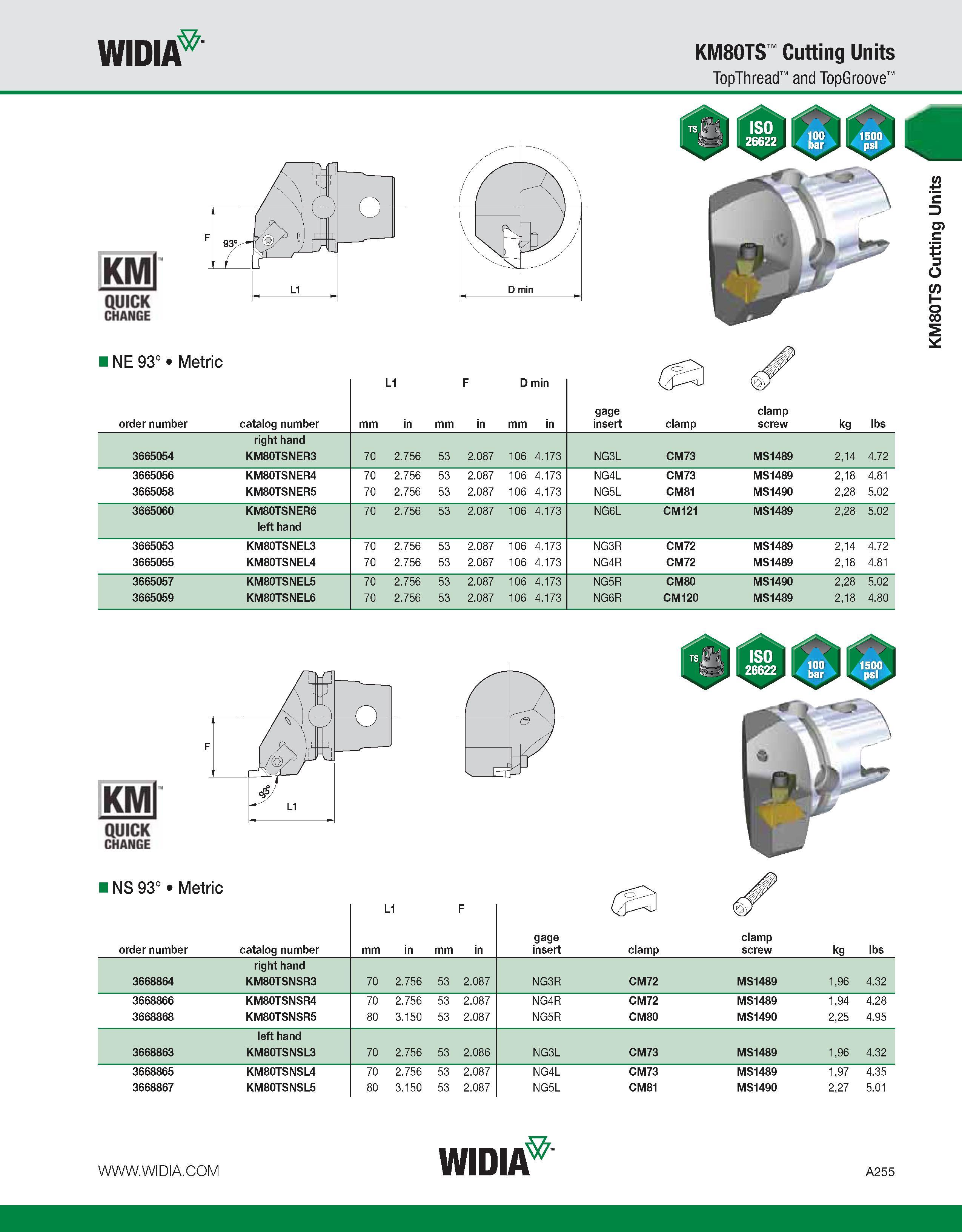 265 WIDIA KM80TS Cutting Units TopThread and TopGroove KMl QUICK CHANGE INE 93° Metric order number catalog number mm L1 in mm F in D min mm in gage Каталог WIDIA 2011 Инструментальная оснастка для металлорежущих станков Вспомогательный инструмент для оборудования Адаптеры Насадки Оправки Патроны Стр. A255 ENG