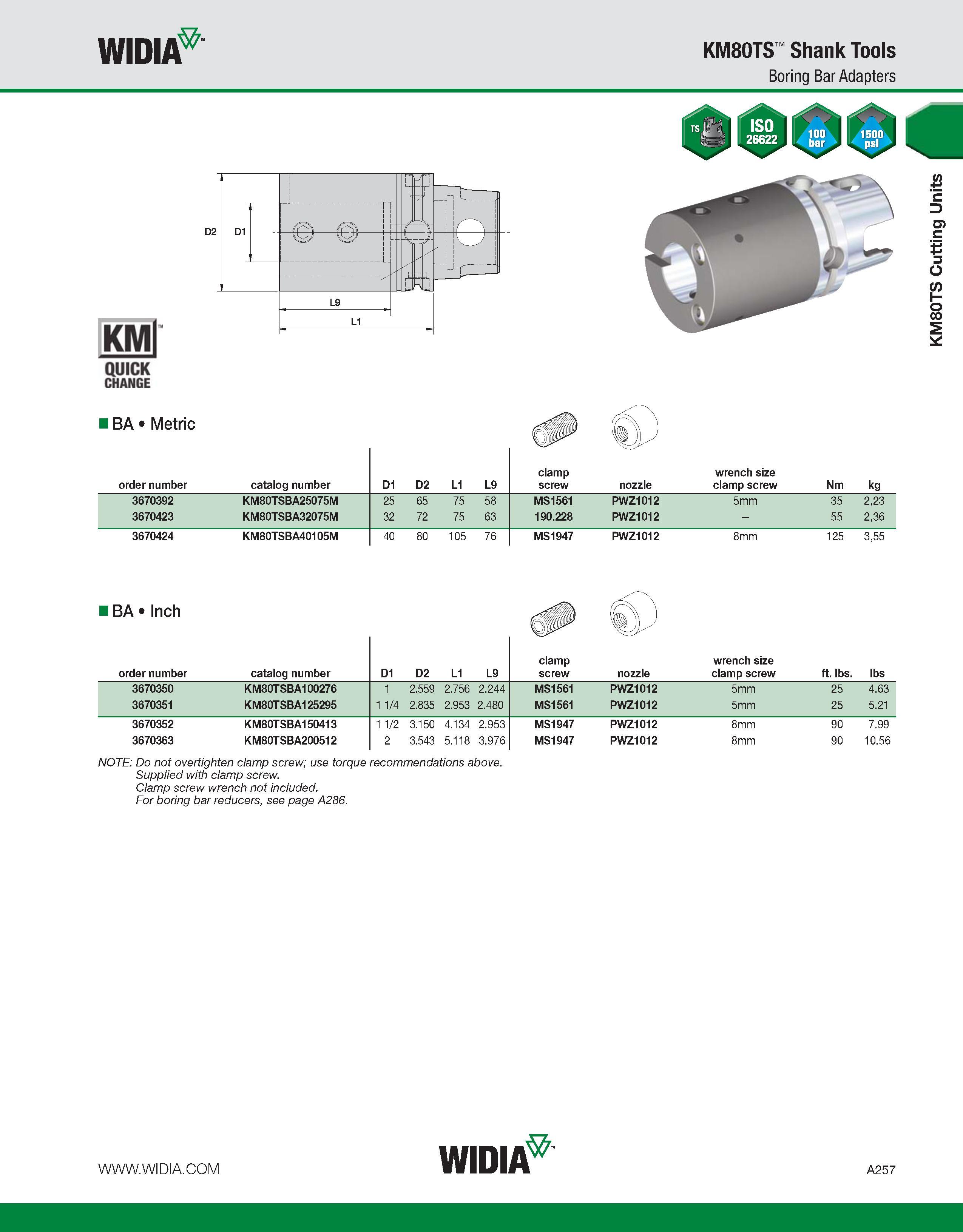 267 WIDIA KM80TS Shank Tools Boring Bar Adapters KMl QUICK CHANGE BA Metric order number catalog number D1 D2 L1 L9 clamp screw nozzle wrench size cl Каталог WIDIA 2011 Инструментальная оснастка для металлорежущих станков Вспомогательный инструмент для оборудования Адаптеры Насадки Оправки Патроны Стр. A257 ENG
