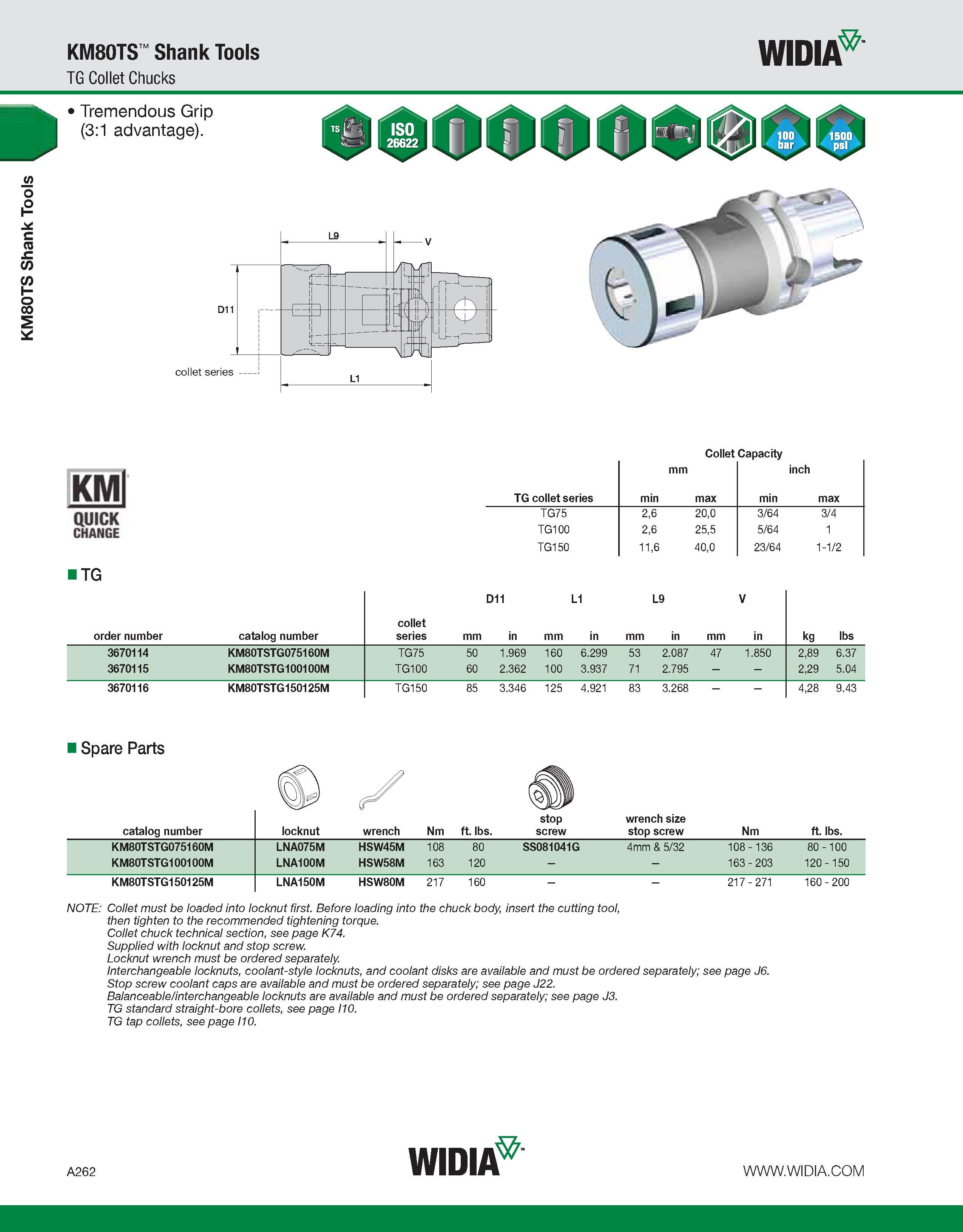 272 KM80TS Shank Tools KM80TS Shank Tools TG Collet Chucks WIDIA KMl QUICK CHANGE ITG Collet Capacity TG collet series min mm max min inch max TG75 2 Каталог WIDIA 2011 Инструментальная оснастка для металлорежущих станков Вспомогательный инструмент для оборудования Адаптеры Насадки Оправки Патроны Стр. A262 ENG