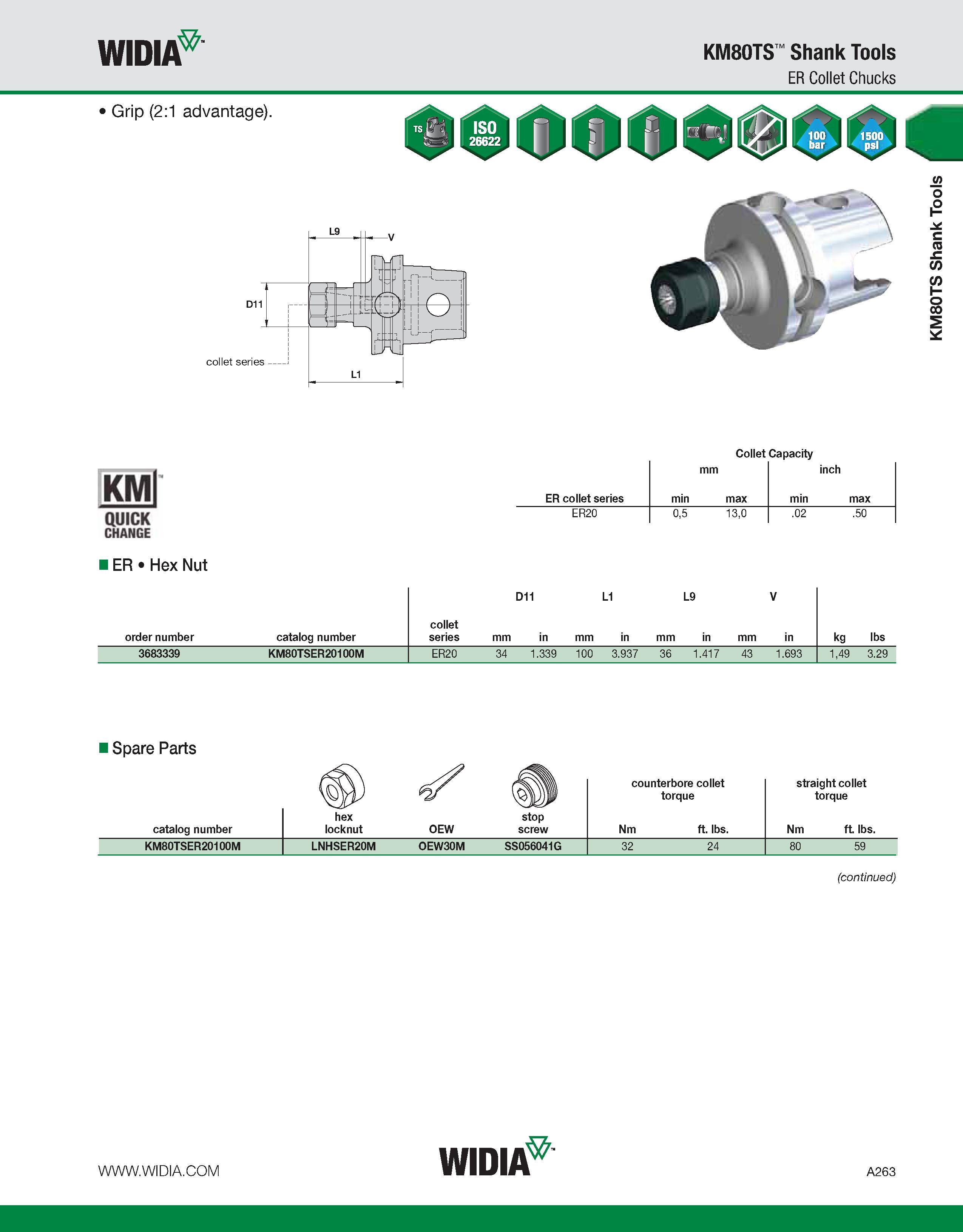 273 WIDIA KM80TS Shank Tools ER Collet Chucks KMl QUICK CHANGE Collet Capacity mm inch ER collet series min max min max ER20 0,5 13,0 02 50 I ER Hex Каталог WIDIA 2011 Инструментальная оснастка для металлорежущих станков Вспомогательный инструмент для оборудования Адаптеры Насадки Оправки Патроны Стр. A263 ENG