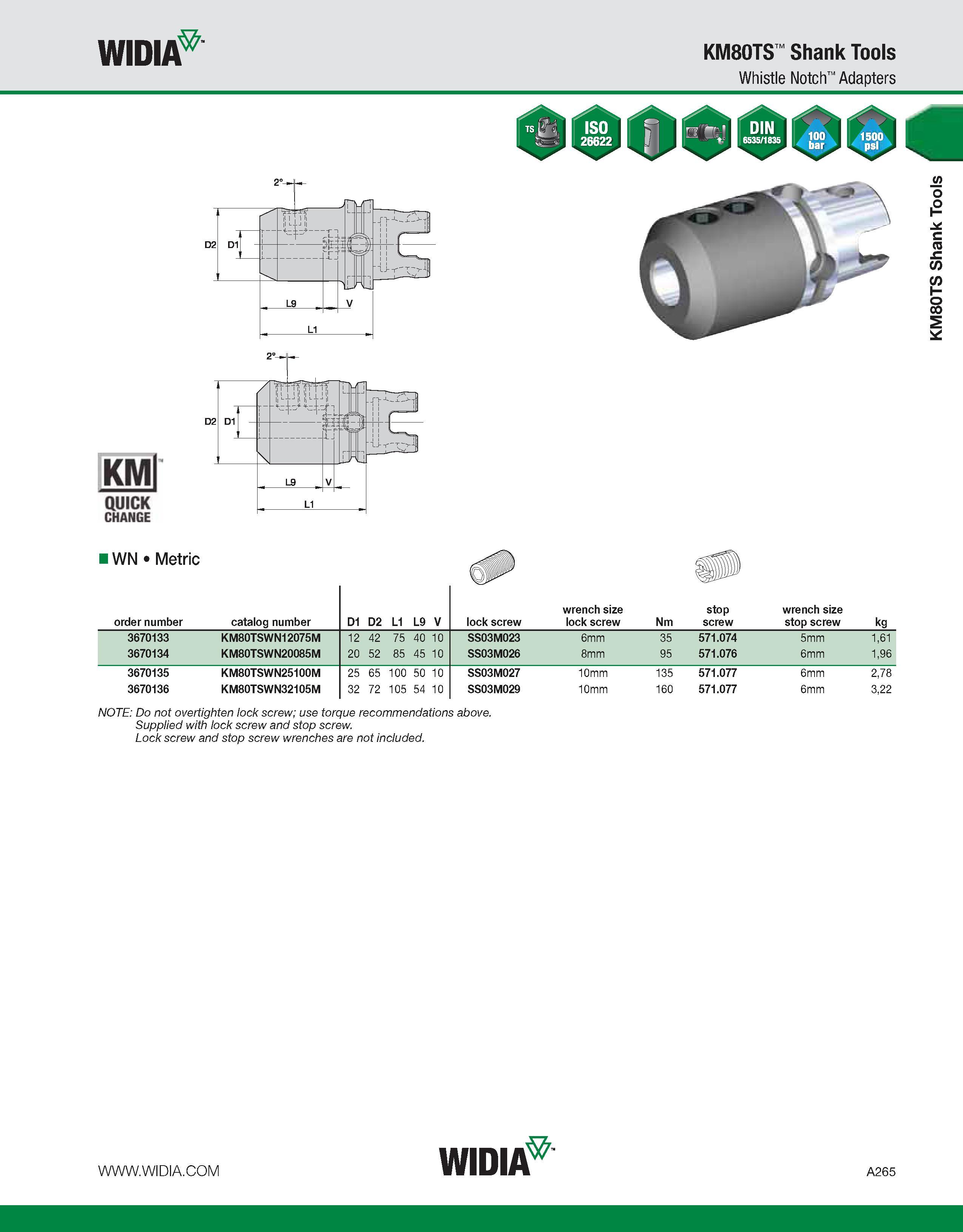 275 WIDIA KM80TS Shank Tools Whistle Notch Adapters KMl QUICK CHANGE IWN Metric order number catalog number D1 D2 L1 L9 V lock screw wrench size lock Каталог WIDIA 2011 Инструментальная оснастка для металлорежущих станков Вспомогательный инструмент для оборудования Адаптеры Насадки Оправки Патроны Стр. A265 ENG