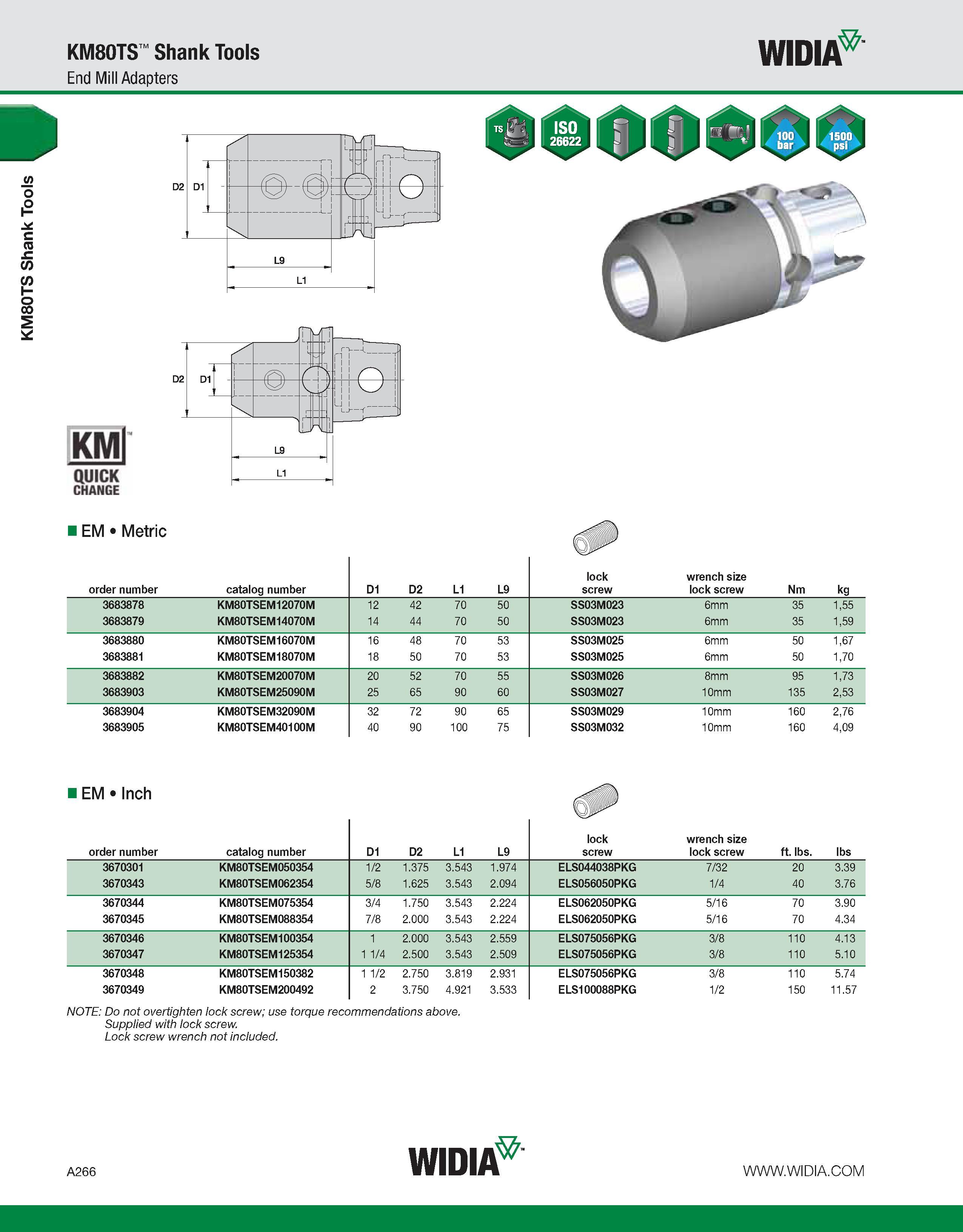 276 KM80TS Shank Tools KM80TS Shank Tools End Mill Adapters WIDIA KMl QUICK CHANGE EM Metric order number catalog number D1 D2 L1 L9 lock screw wrenc Каталог WIDIA 2011 Инструментальная оснастка для металлорежущих станков Вспомогательный инструмент для оборудования Адаптеры Насадки Оправки Патроны Стр. A266 ENG