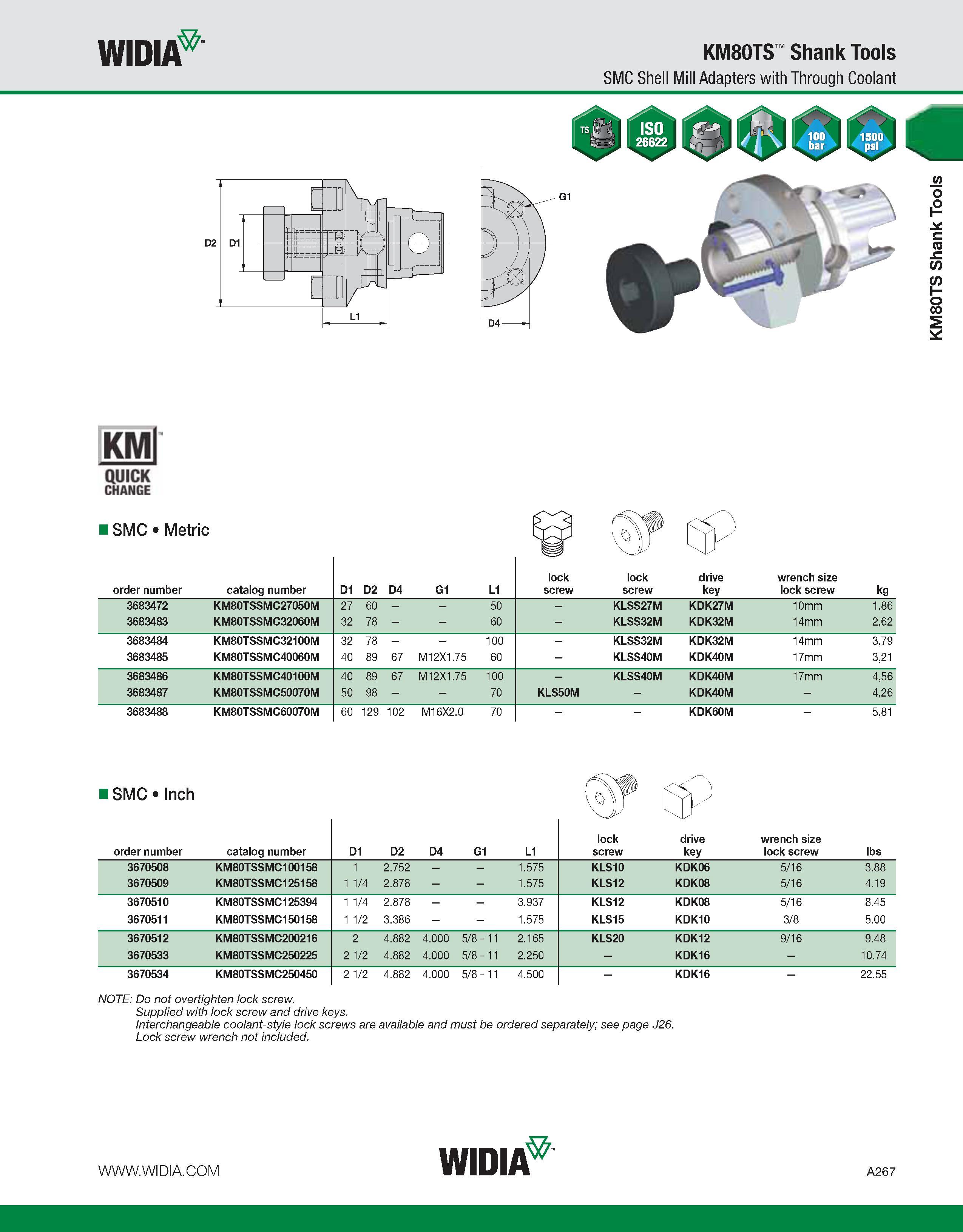 277 WIDIA KM80TS Shank Tools SMC Shell Mill Adapters with Through Coolant D2 D1 KMl QUICK CHANGE I SMC Metric order number catalog number D1 D2 D4 G1 Каталог WIDIA 2011 Инструментальная оснастка для металлорежущих станков Вспомогательный инструмент для оборудования Адаптеры Насадки Оправки Патроны Стр. A267 ENG
