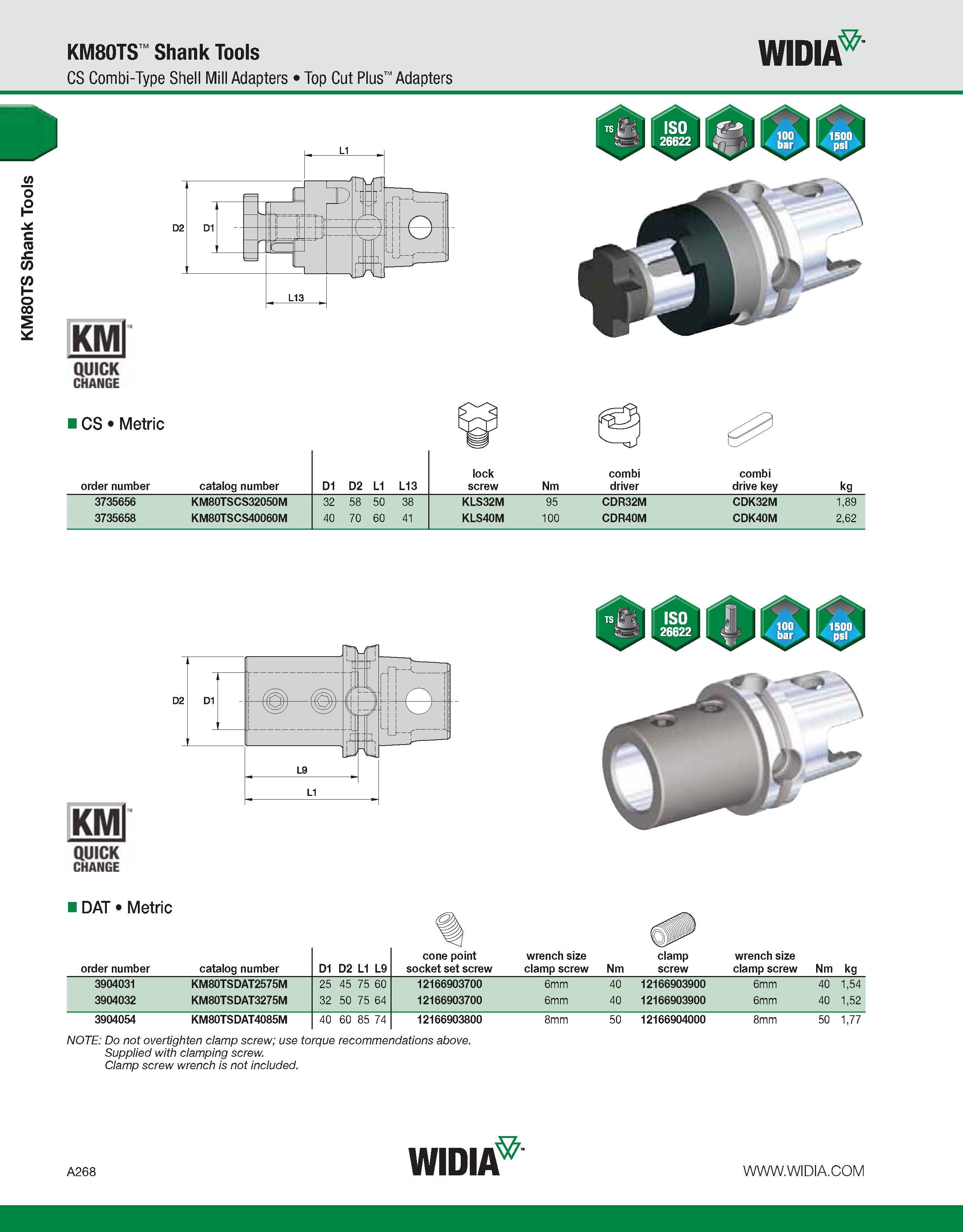 278 KM80TS Shank Tools KM80TS Shank Tools CS Combi-Type Shell Mill Adapters Top Cut Plus Adapters WIDIA KMl QUICK CHANGE CS Metric lock combi combi o Каталог WIDIA 2011 Инструментальная оснастка для металлорежущих станков Вспомогательный инструмент для оборудования Адаптеры Насадки Оправки Патроны Стр. A268 ENG