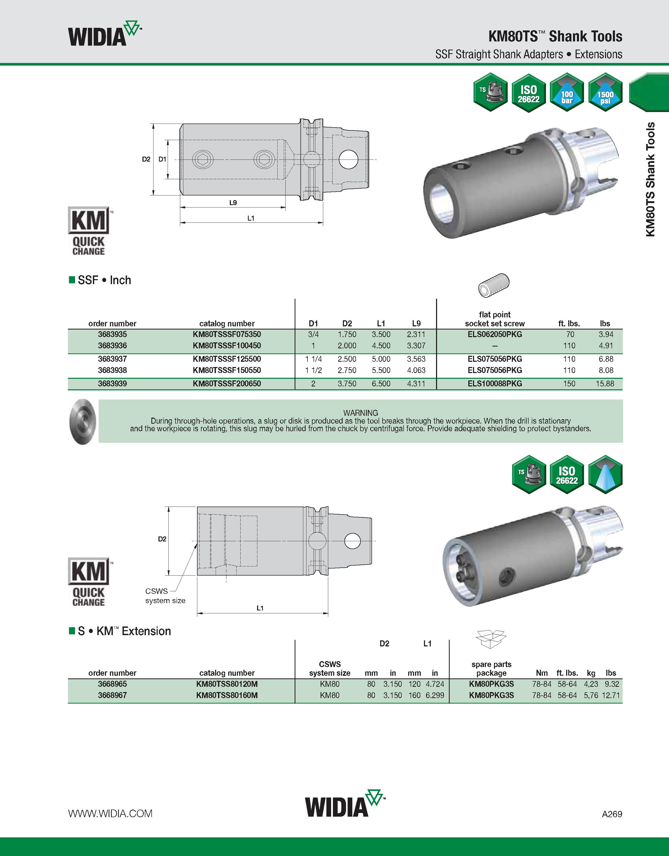 279 WIDIA KM80TS Shank Tools SSF Straight Shank Adapters Extensions KMl QUICK CHANGE I SSF Inch order number catalog number D1 D2 L1 L9 flat point so Каталог WIDIA 2011 Инструментальная оснастка для металлорежущих станков Вспомогательный инструмент для оборудования Адаптеры Насадки Оправки Патроны Стр. A269 ENG