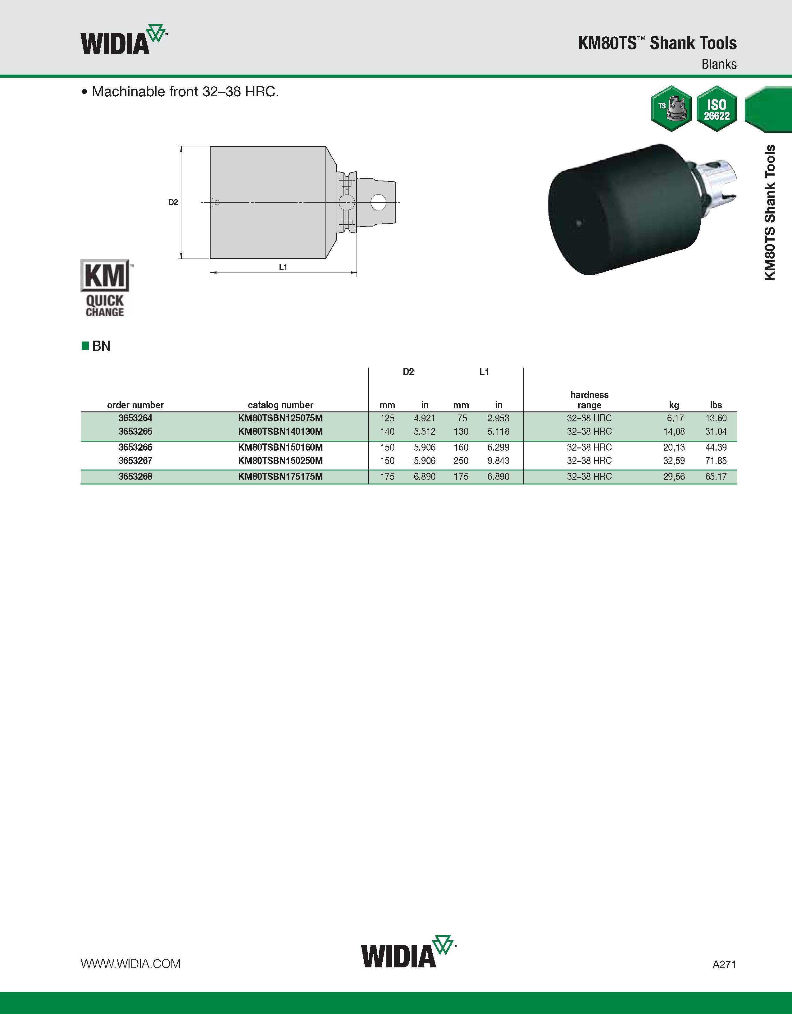 281 WIDIA KM80TS Shank Tools Blanks Machinable front 32-38 HRC KMl QUICK CHANGE BN order number catalog number mm D2 in mm L1 in hardness range kg lb Каталог WIDIA 2011 Инструментальная оснастка для металлорежущих станков Вспомогательный инструмент для оборудования Адаптеры Насадки Оправки Патроны Стр. A271 ENG
