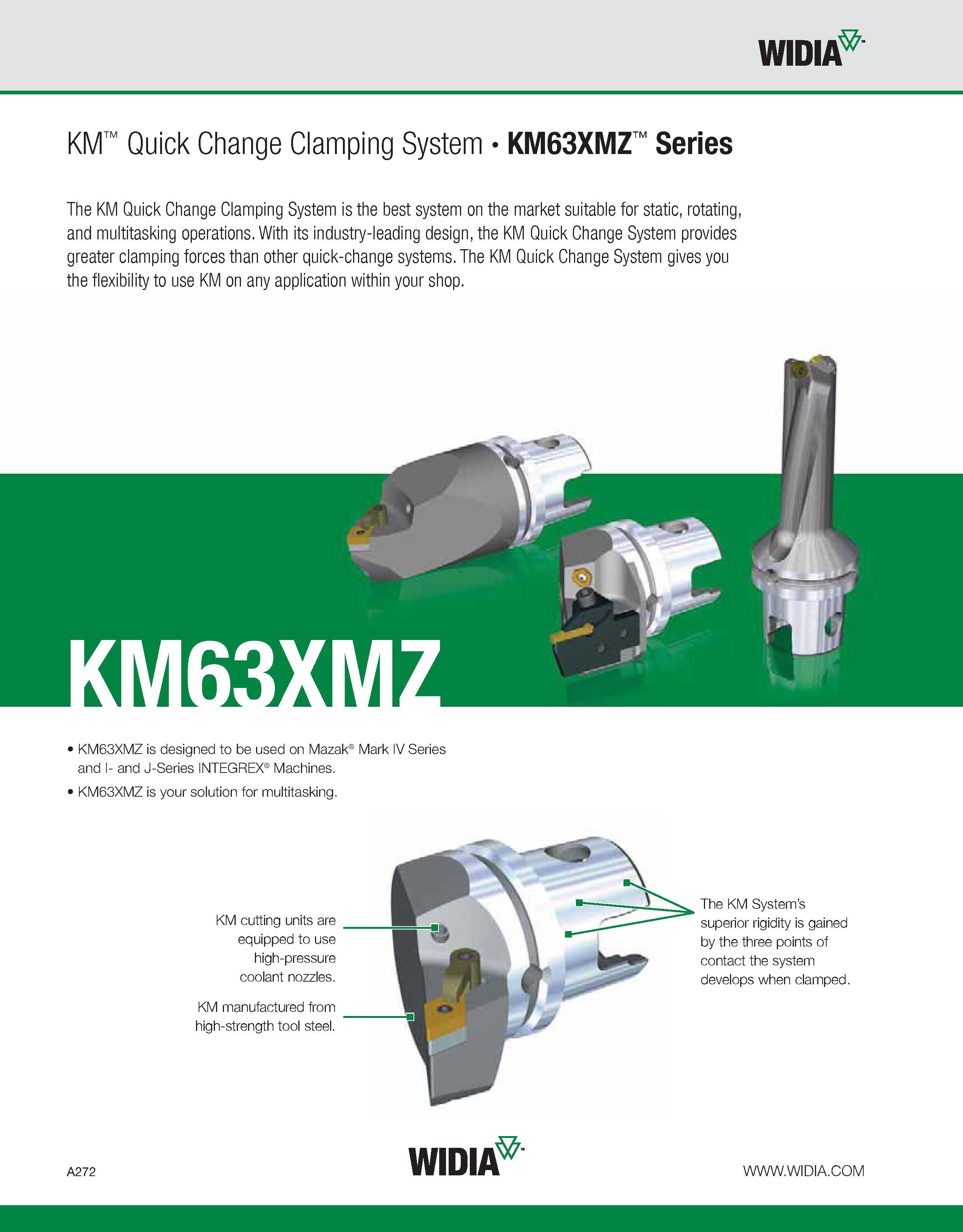 282 WIDIA KM Quick Change Clamping System KM63XMZ Series The KM Quick Change Clamping System is the best system on the market suitable for static, ro Каталог WIDIA 2011 Инструментальная оснастка для металлорежущих станков Вспомогательный инструмент для оборудования Адаптеры Насадки Оправки Патроны Стр. A272 ENG