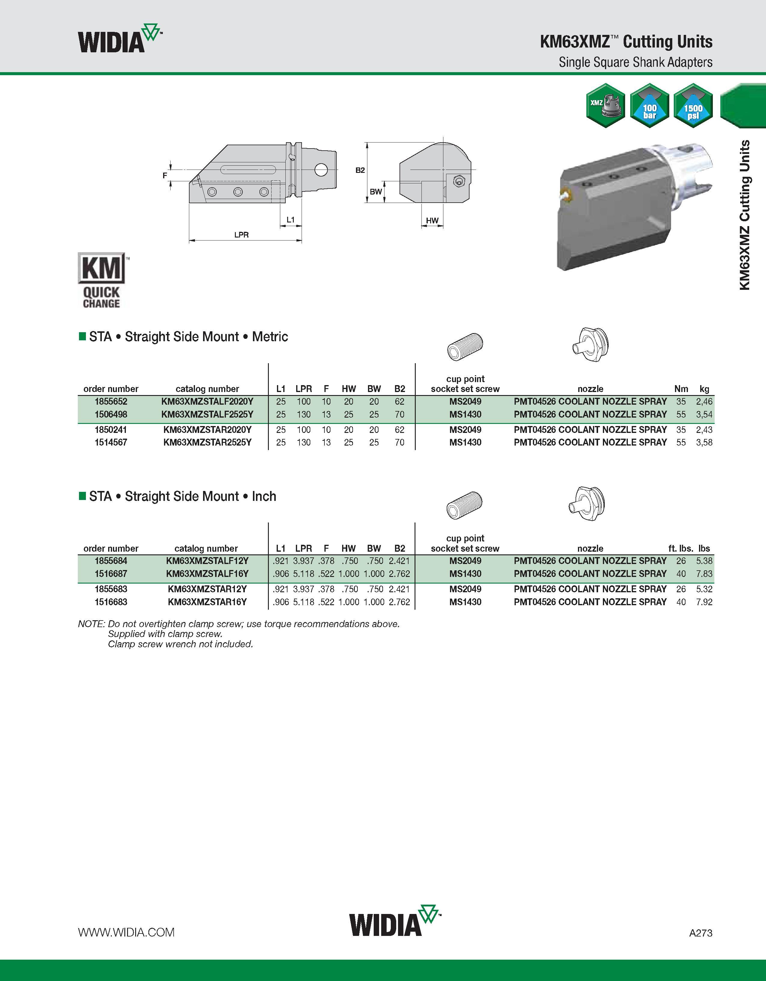 283 WIDIA KM63XMZ Cutting Units Single Square Shank Adapters KMl QUICK CHANGE ISTA Straight Side Mount Metric order number catalog number L1 LPR F HW Каталог WIDIA 2011 Инструментальная оснастка для металлорежущих станков Вспомогательный инструмент для оборудования Адаптеры Насадки Оправки Патроны Стр. A273 ENG
