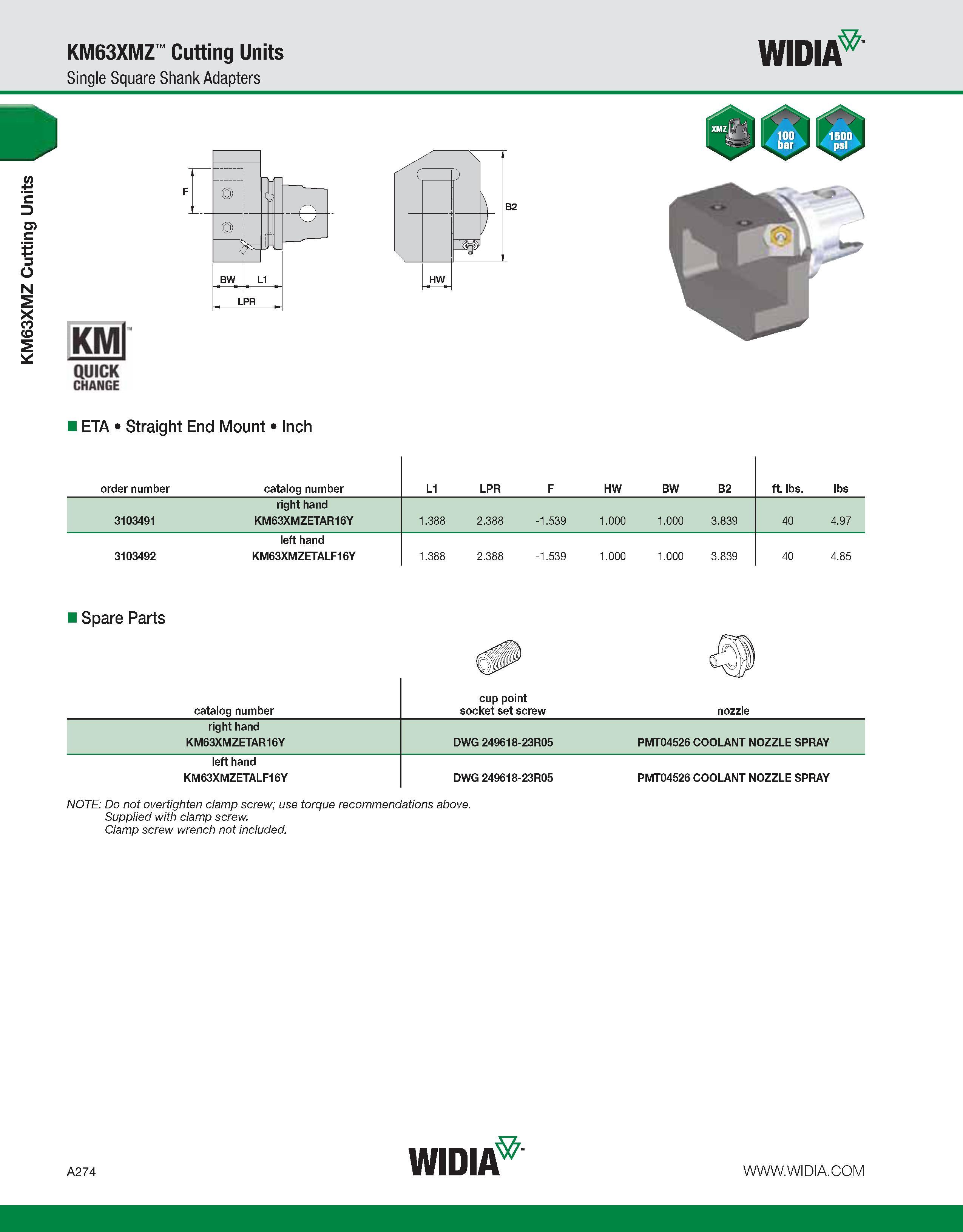 284 KM63XMZ Cutting Units KM63XMZ Cutting Units Single Square Shank Adapters WIDIA KMl QUICK CHANGE ETA Straight End Mount Inch order number catalog Каталог WIDIA 2011 Инструментальная оснастка для металлорежущих станков Вспомогательный инструмент для оборудования Адаптеры Насадки Оправки Патроны Стр. A274 ENG