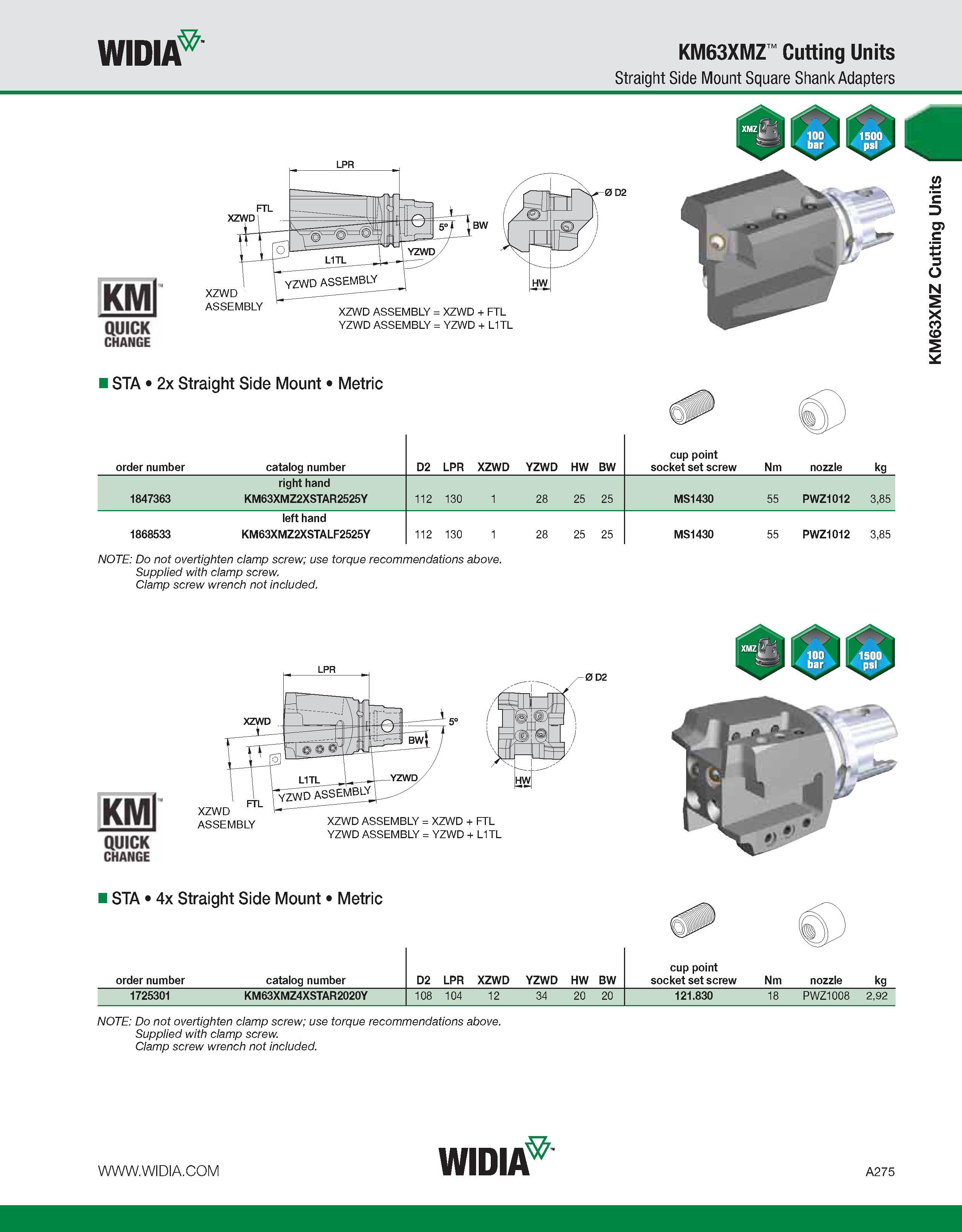 285 WIDIA KM63XMZ Cutting Units Straight Side Mount Square Shank Adapters KMl QUICK CHANGE ISTA 2x Straight Side Mount Metric order number catalog nu Каталог WIDIA 2011 Инструментальная оснастка для металлорежущих станков Вспомогательный инструмент для оборудования Адаптеры Насадки Оправки Патроны Стр. A275 ENG