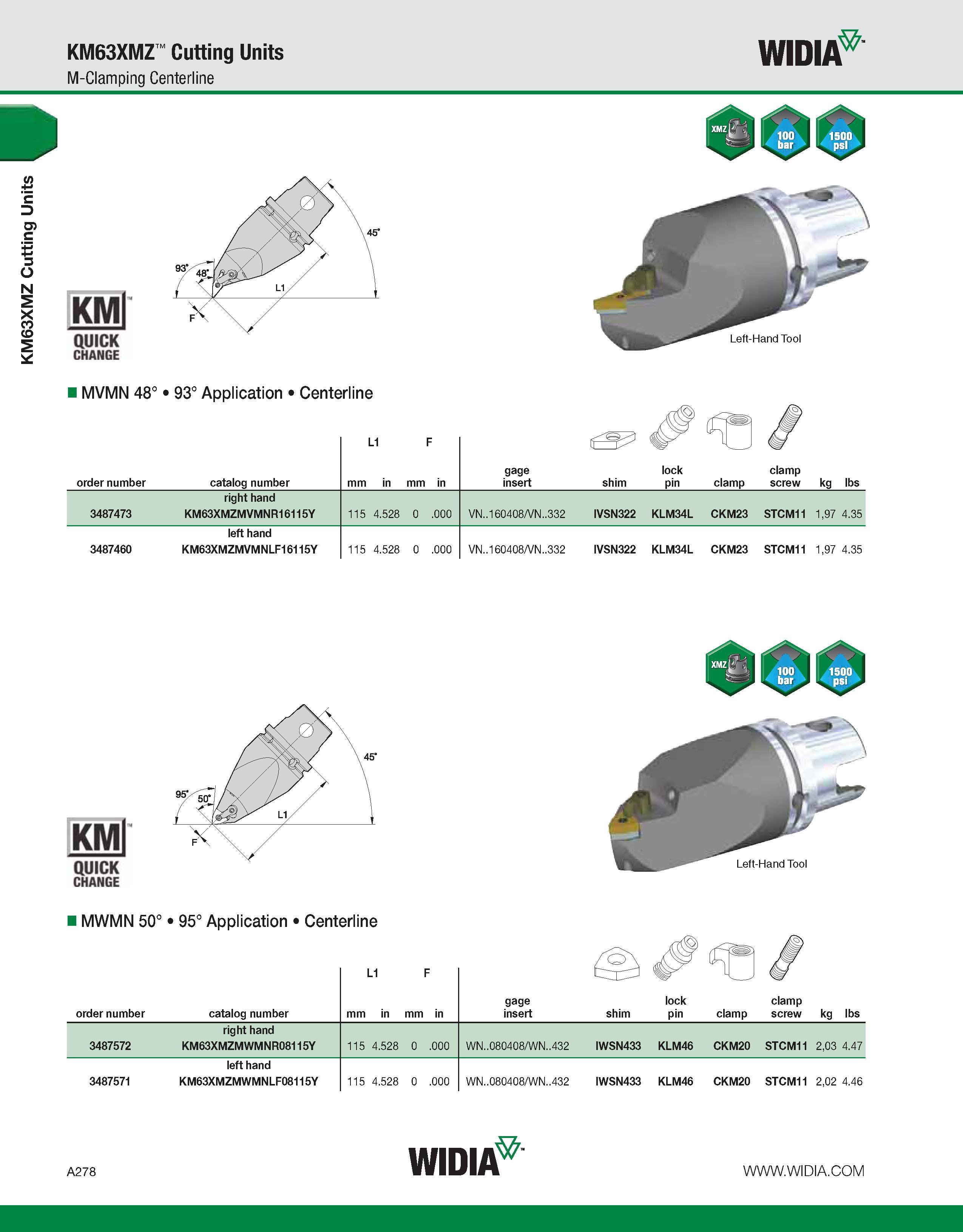 288 KM63XMZ Cutting Units KM63XMZ Cutting Units M-Clamping Centerline WIDIA KMl QUICK CHANGE Left-Hand Tool MVMN 48° 93° Application Centerline L1 F Каталог WIDIA 2011 Инструментальная оснастка для металлорежущих станков Вспомогательный инструмент для оборудования Адаптеры Насадки Оправки Патроны Стр. A278 ENG