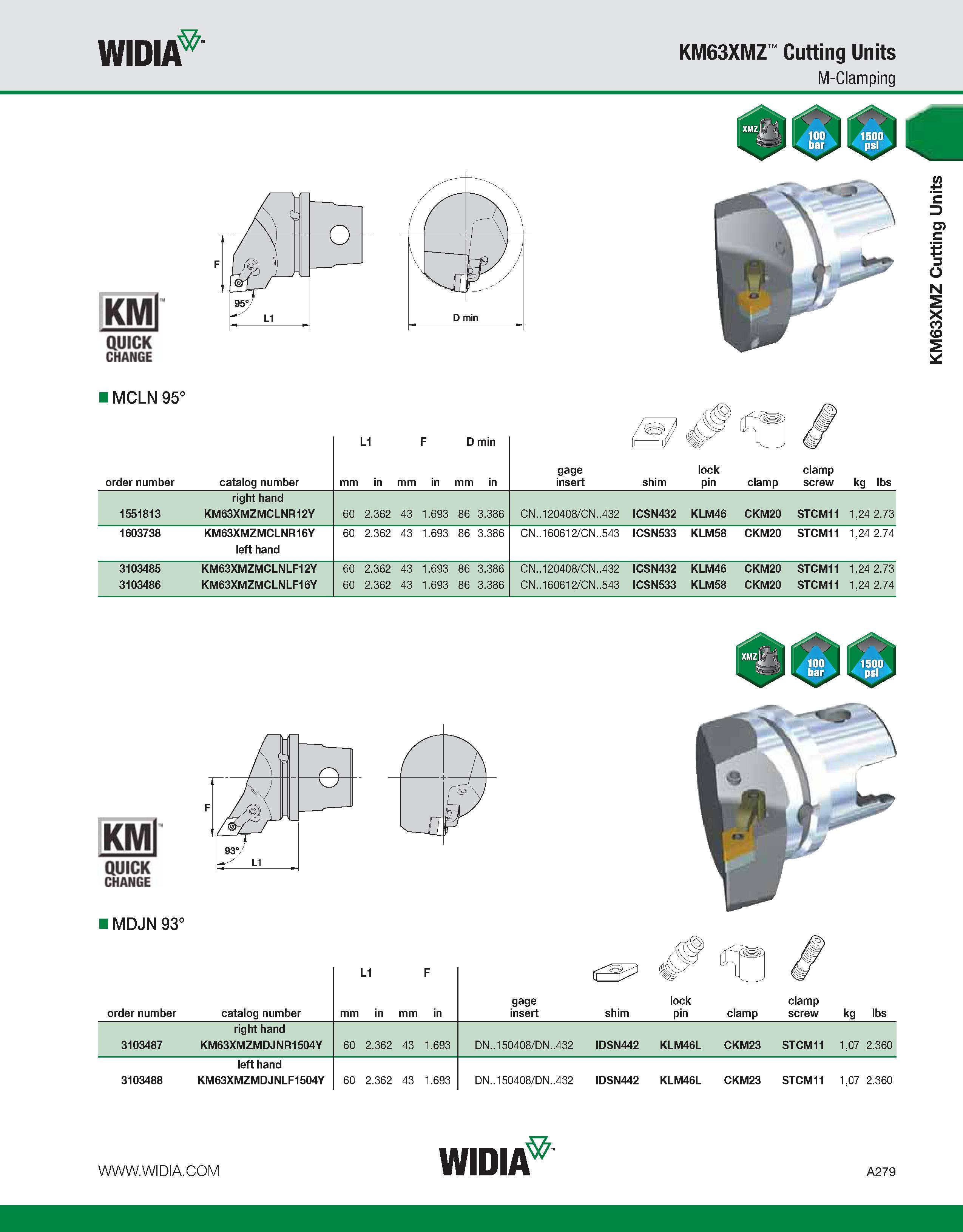 289 WIDIA KM63XMZ Cutting Units M-Clamping KMl QUICK CHANGE I MCLN 95° L1 F D min 1 TK order number catalog number mm in mm in mm in gage insert shim Каталог WIDIA 2011 Инструментальная оснастка для металлорежущих станков Вспомогательный инструмент для оборудования Адаптеры Насадки Оправки Патроны Стр. A279 ENG