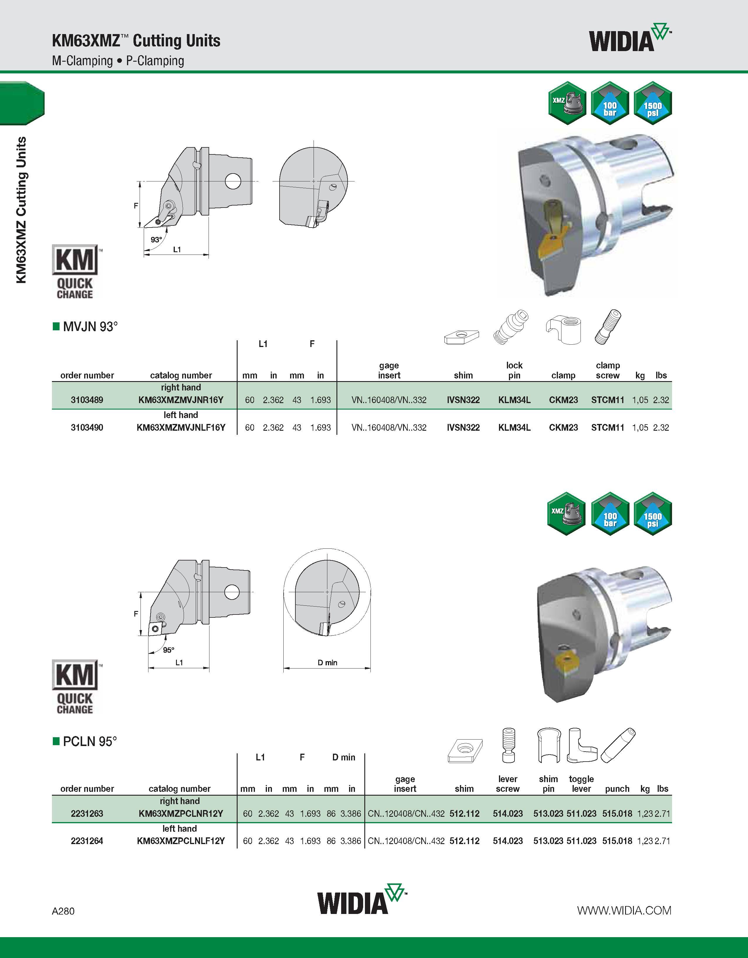 290 KM63XMZ Cutting Units KM63XMZ Cutting Units M-Clamping P-Clamping WIDIA KMl QUICK CHANGE MVJN 93° L1 F order number catalog number mm in mm in ga Каталог WIDIA 2011 Инструментальная оснастка для металлорежущих станков Вспомогательный инструмент для оборудования Адаптеры Насадки Оправки Патроны Стр. A280 ENG