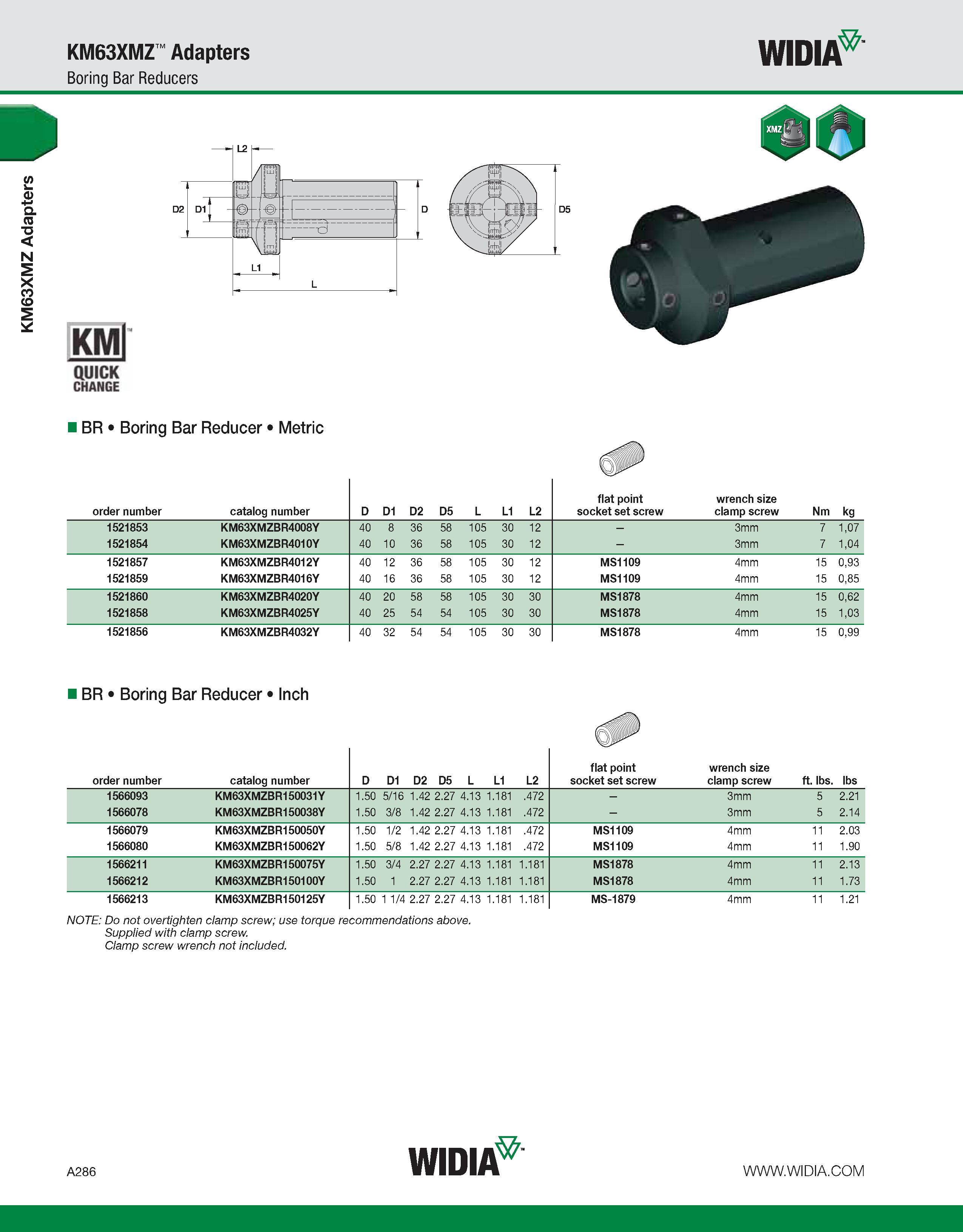 296 KM63XMZ Adapters KM63XMZ Adapters Boring Bar Reducers WIDIA KMl QUICK CHANGE BR Boring Bar Reducer Metric order number catalog number D D1 D2 D5 Каталог WIDIA 2011 Инструментальная оснастка для металлорежущих станков Вспомогательный инструмент для оборудования Адаптеры Насадки Оправки Патроны Стр. A286 ENG