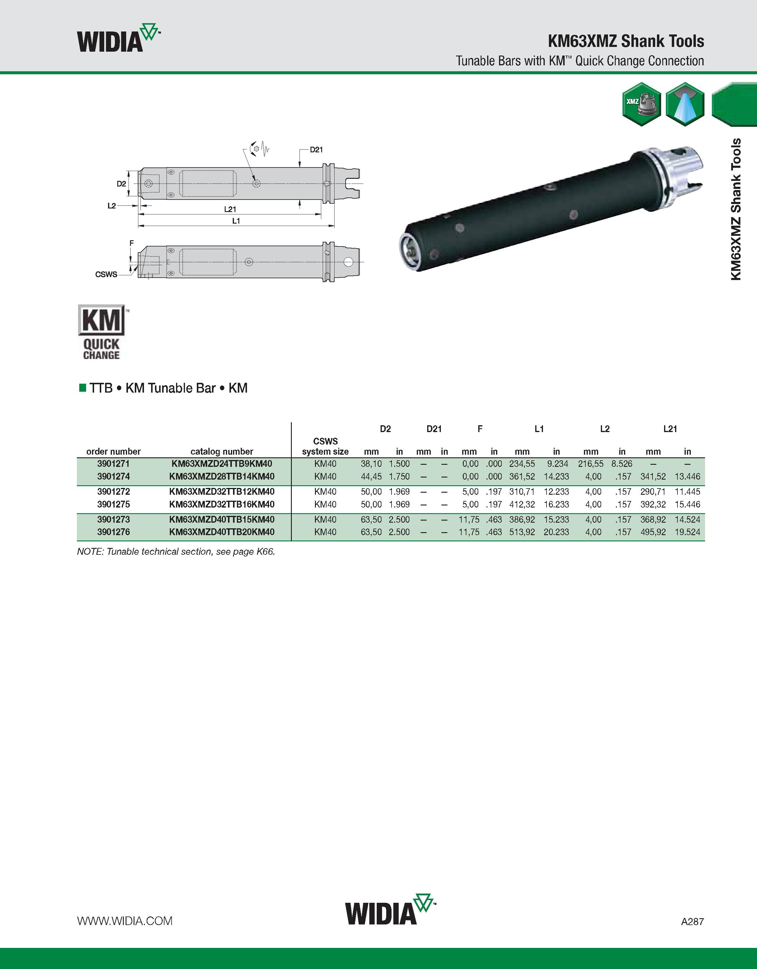 297 WIDIA KM63XMZ Shank Tools Tunable Bars with KM Quick Change Connection csws KMl QUICK CHANGE -e- i TTB KM Tunable Bar KM order number catalog num Каталог WIDIA 2011 Инструментальная оснастка для металлорежущих станков Вспомогательный инструмент для оборудования Адаптеры Насадки Оправки Патроны Стр. A287 ENG