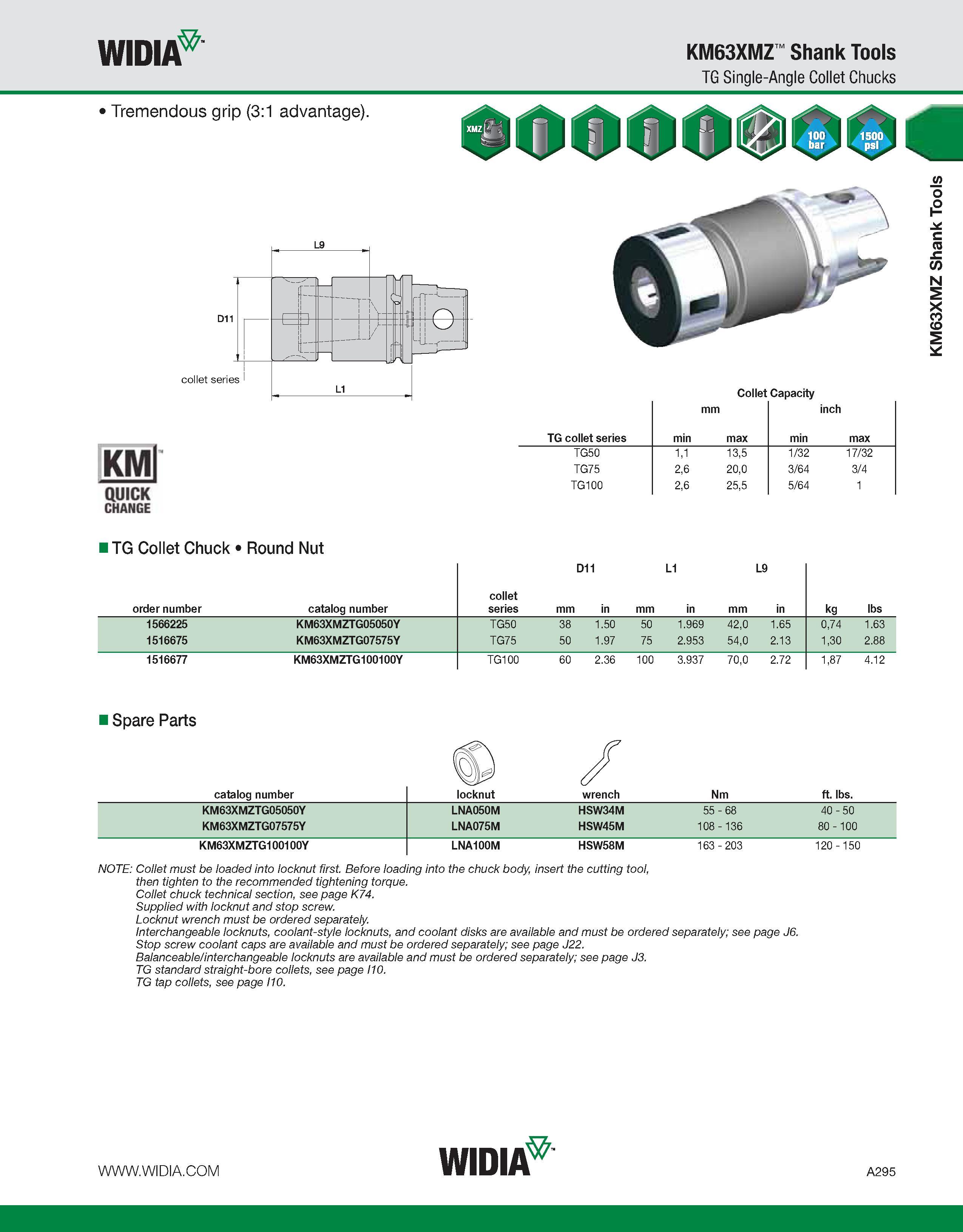305 WIDIA KM63XMZ Shank Tools TG Single-Angle Collet Chucks Tremendous grip (3:1 advantage) collet series KMl QUICK CHANGE Collet Capacity TG collet Каталог WIDIA 2011 Инструментальная оснастка для металлорежущих станков Вспомогательный инструмент для оборудования Адаптеры Насадки Оправки Патроны Стр. A295 ENG