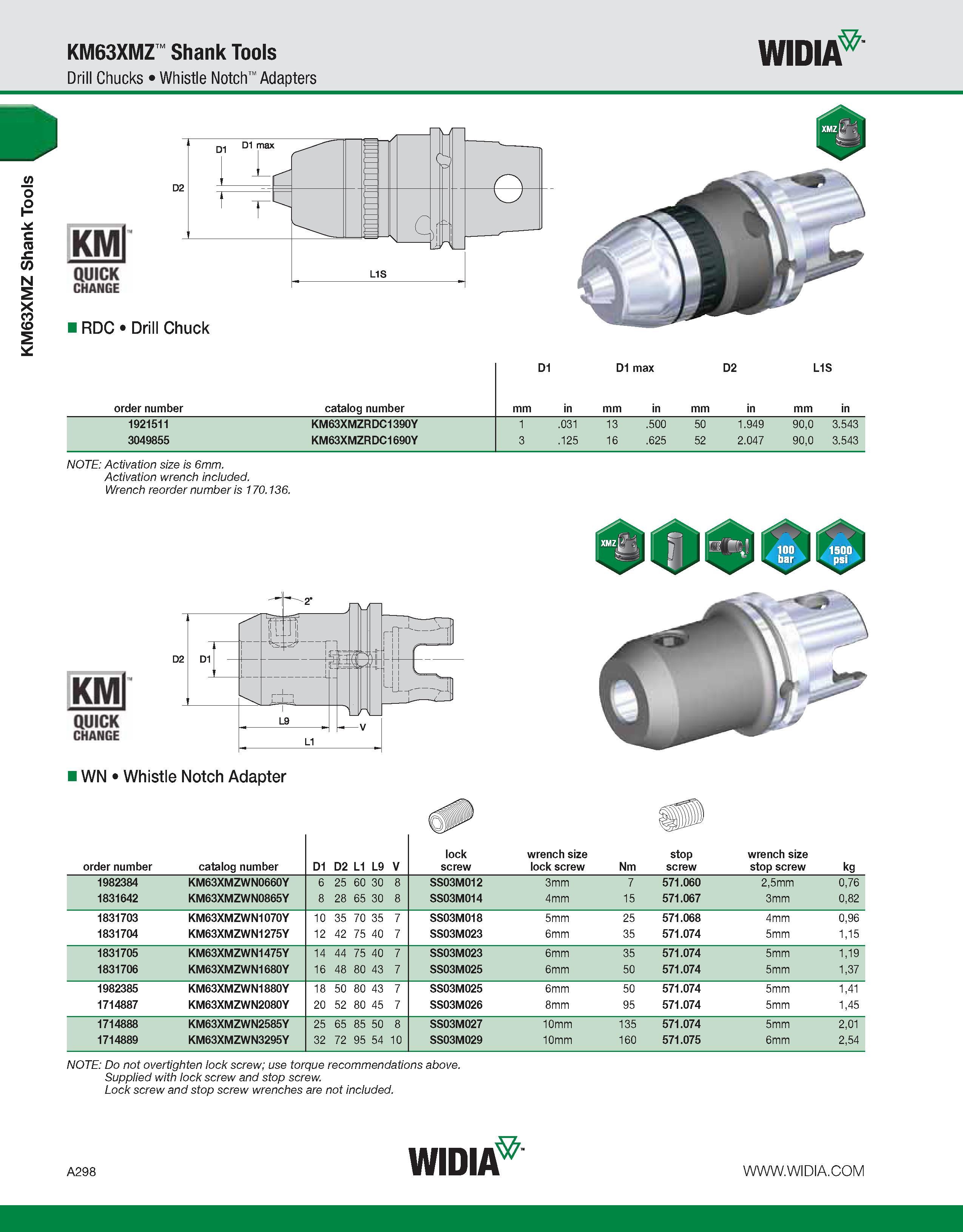 308 KM63XMZ Shank Tools KM63XMZ Shank Tools Drill Chucks Whistle Notch Adapters WIDIA KMl QUICK CHANGE RDC Drill Chuck D1 D1 max D2 L1S order number Каталог WIDIA 2011 Инструментальная оснастка для металлорежущих станков Вспомогательный инструмент для оборудования Адаптеры Насадки Оправки Патроны Стр. A298 ENG