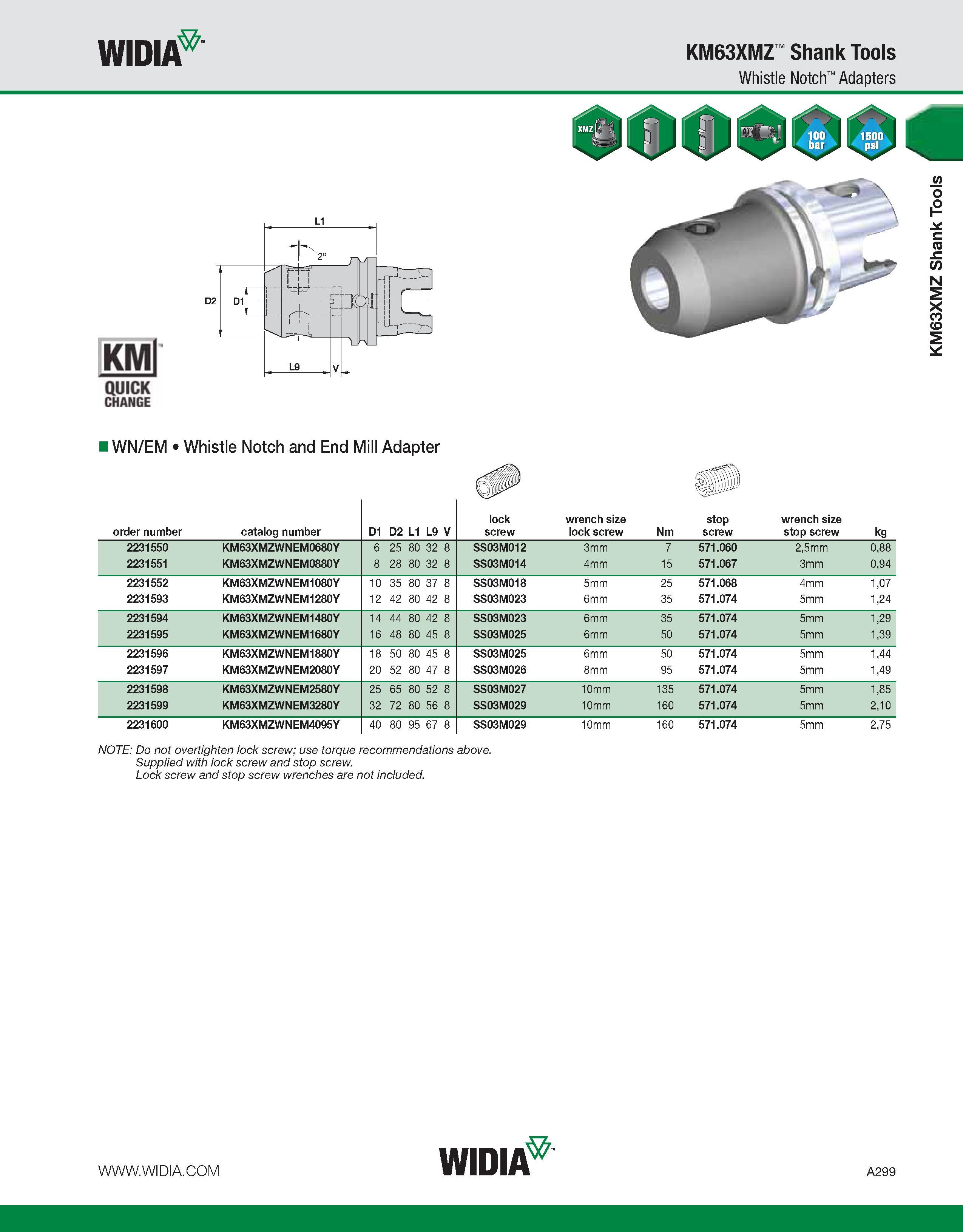 309 WIDIA KM63XMZ Shank Tools Whistle Notch Adapters WN/EM Whistle Notch and End Mill Adapter NOTE: Do not overtighten lock screw; use torque recomme Каталог WIDIA 2011 Инструментальная оснастка для металлорежущих станков Вспомогательный инструмент для оборудования Адаптеры Насадки Оправки Патроны Стр. A299 ENG