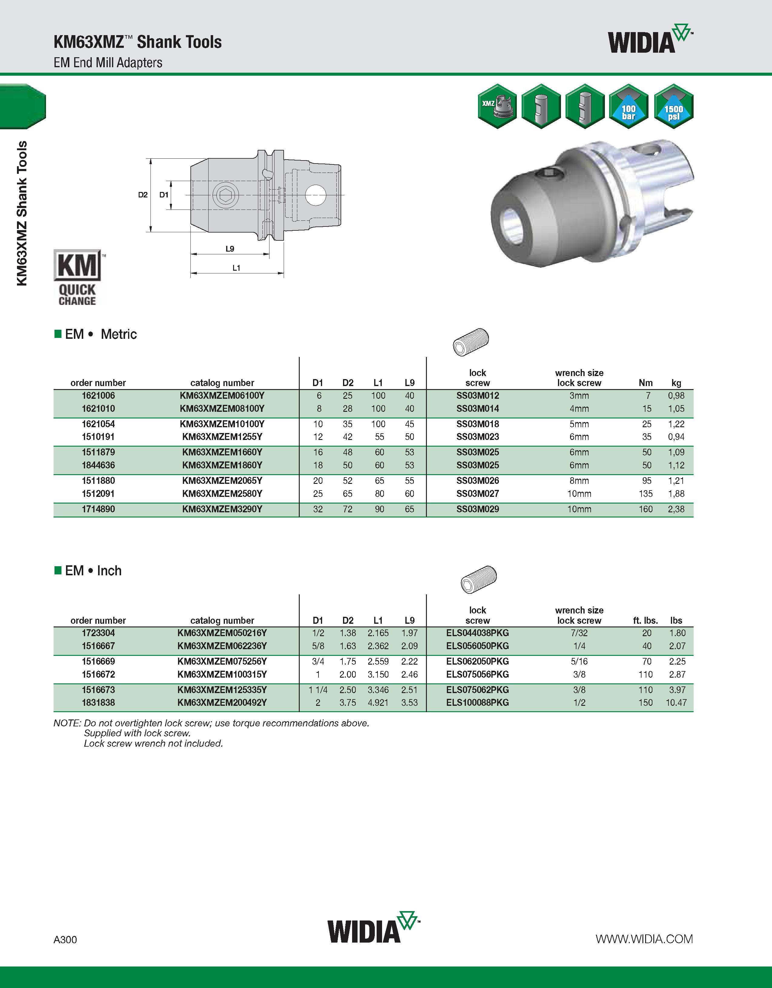 310 KM63XMZ Shank Tools KM63XMZ Shank Tools EM End Mill Adapters WIDIA KMl QUICK CHANGE EM Metric EM Inch order number catalog number D1 D2 L1 L9 loc Каталог WIDIA 2011 Инструментальная оснастка для металлорежущих станков Вспомогательный инструмент для оборудования Адаптеры Насадки Оправки Патроны Стр. A300 ENG