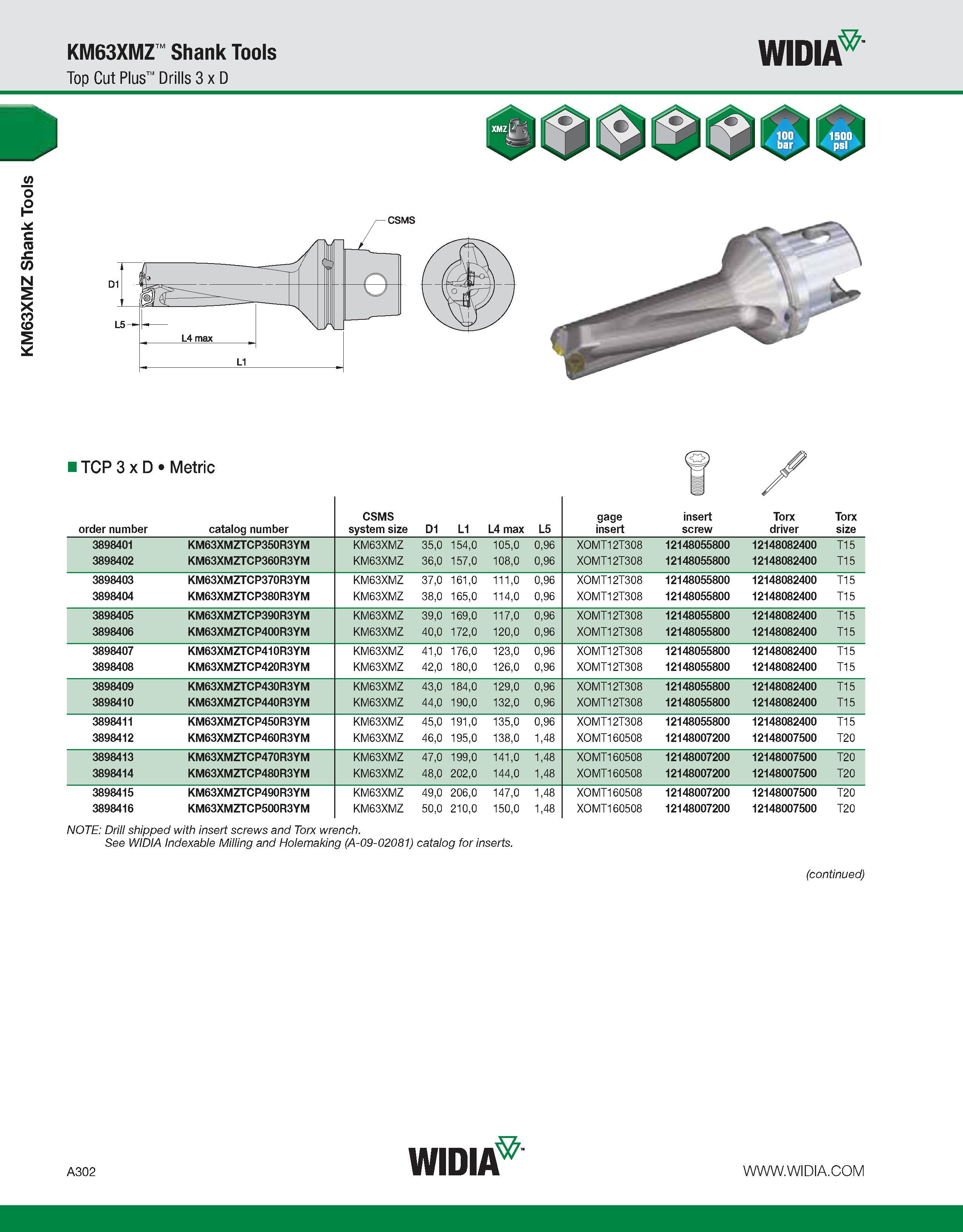 312 KM63XMZ Shank Tools KM63XMZ Shank Tools Top Cut Plus Drills 3 x D WIDIA I TCP 3 x D Metric NOTE: Drill shipped with insert screws and Torx wrench Каталог WIDIA 2011 Инструментальная оснастка для металлорежущих станков Вспомогательный инструмент для оборудования Адаптеры Насадки Оправки Патроны Стр. A302 ENG