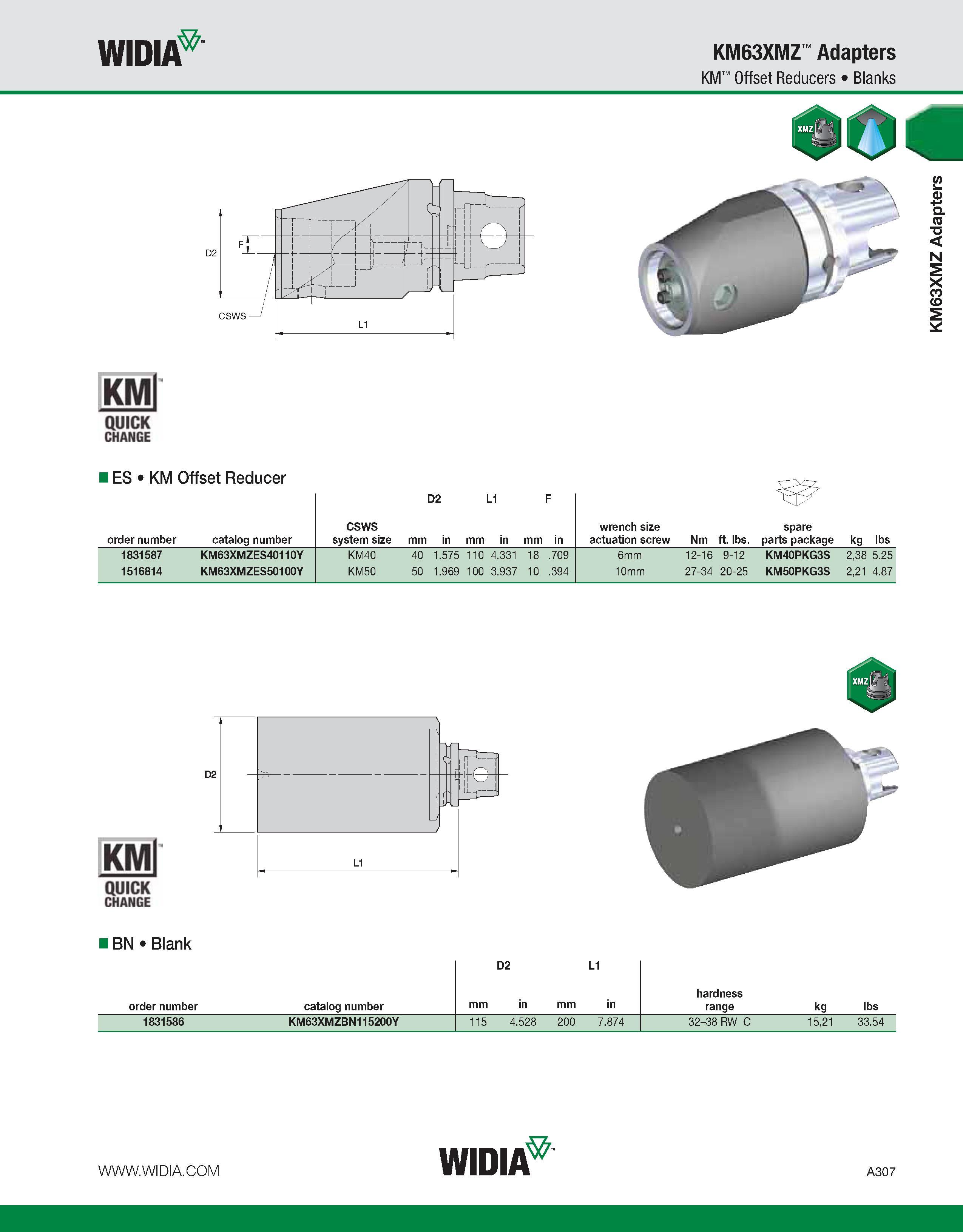 317 WIDIA KM63XMZ Adapters KM Offset Reducers Blanks KMl QUICK CHANGE IES KM Offset Reducer D2 L1 F order number catalog number CSWS system size mm i Каталог WIDIA 2011 Инструментальная оснастка для металлорежущих станков Вспомогательный инструмент для оборудования Адаптеры Насадки Оправки Патроны Стр. A307 ENG