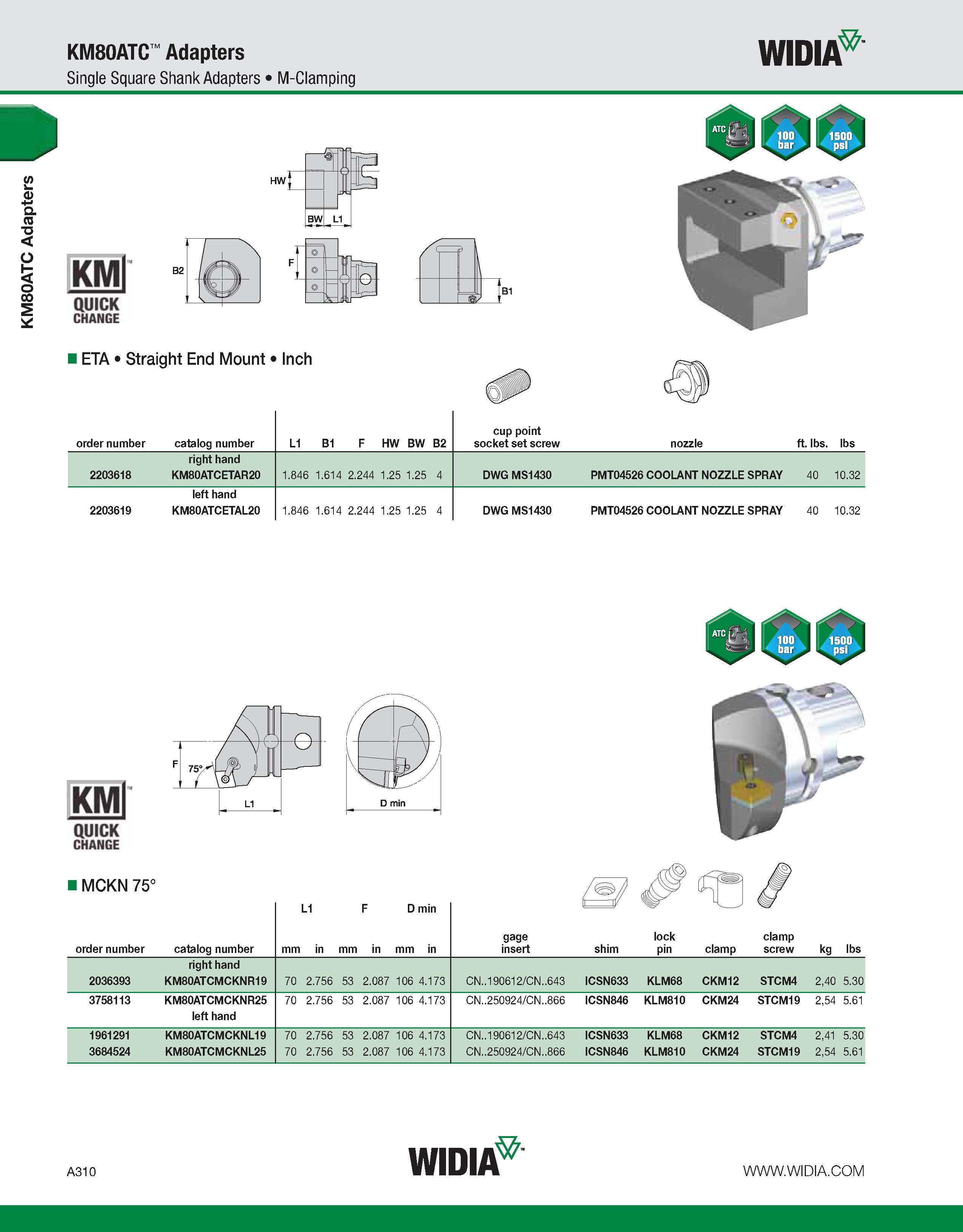 320 KM80ATC Adapters KM80ATC Adapters Single Square Shank Adapters M-Clamping WIDIA KMl QUICK CHANGE - ETA Straight End Mount Inch order number catal Каталог WIDIA 2011 Инструментальная оснастка для металлорежущих станков Вспомогательный инструмент для оборудования Адаптеры Насадки Оправки Патроны Стр. A310 ENG