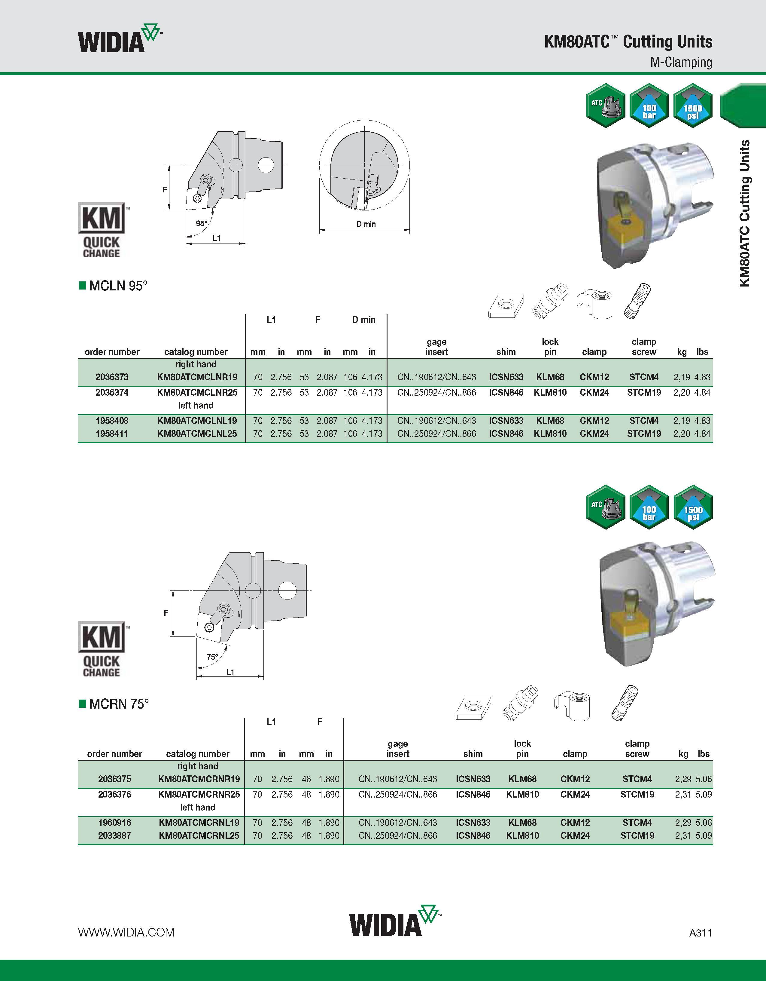 321 WIDIA KM80ATC Cutting Units M-Clamping KMl QUICK CHANGE KMl QUICK CHANGE I MCRN 75° order number catalog number mm L1 in mm F in gage insert shim Каталог WIDIA 2011 Инструментальная оснастка для металлорежущих станков Вспомогательный инструмент для оборудования Адаптеры Насадки Оправки Патроны Стр. A311 ENG