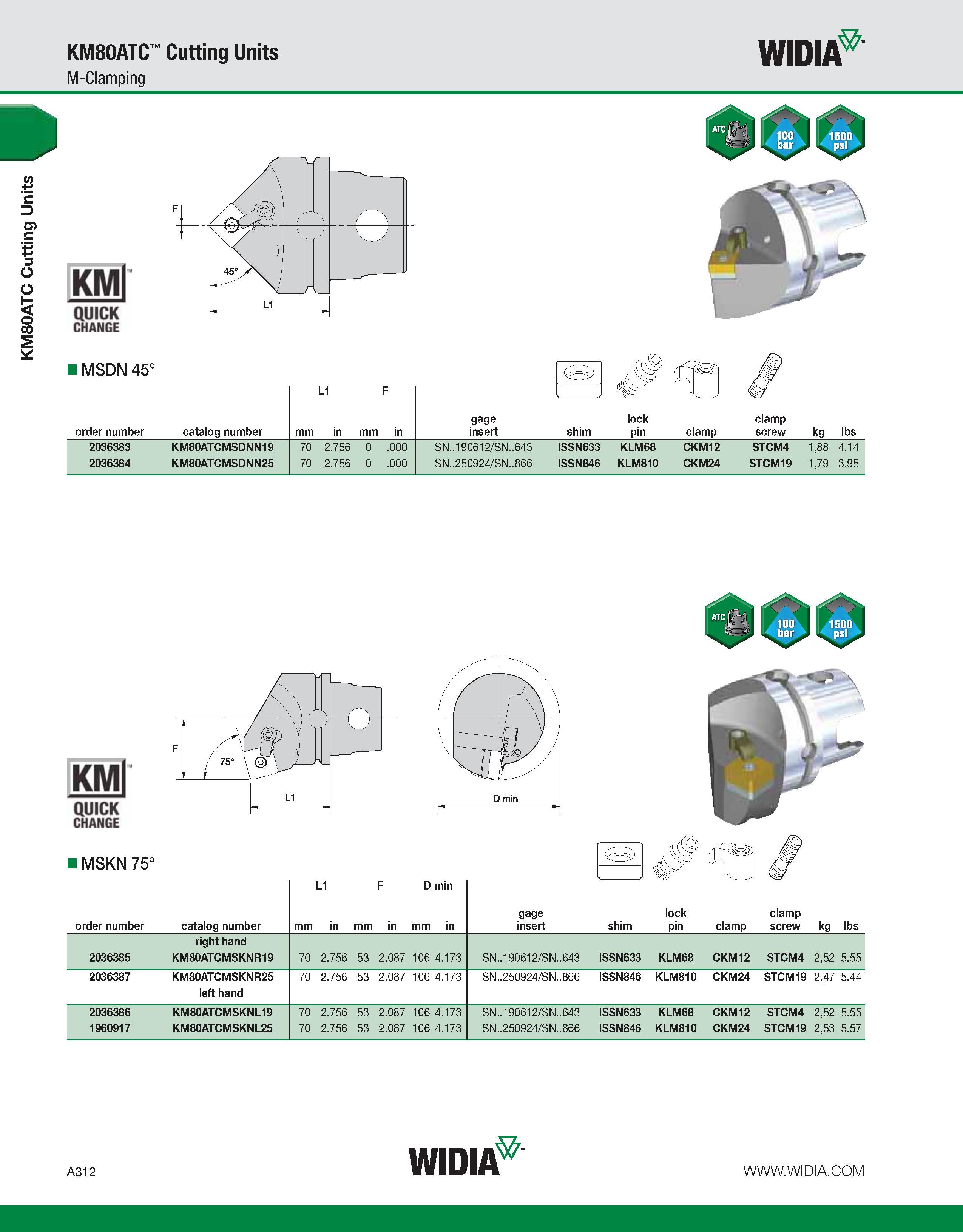 322 KM80ATC Cutting Units KM80ATC Cutting Units M-Clamping WIDIA KMl QUICK CHANGE MSDN 45° order number catalog number L1 gage insert shim lock pin c Каталог WIDIA 2011 Инструментальная оснастка для металлорежущих станков Вспомогательный инструмент для оборудования Адаптеры Насадки Оправки Патроны Стр. A312 ENG