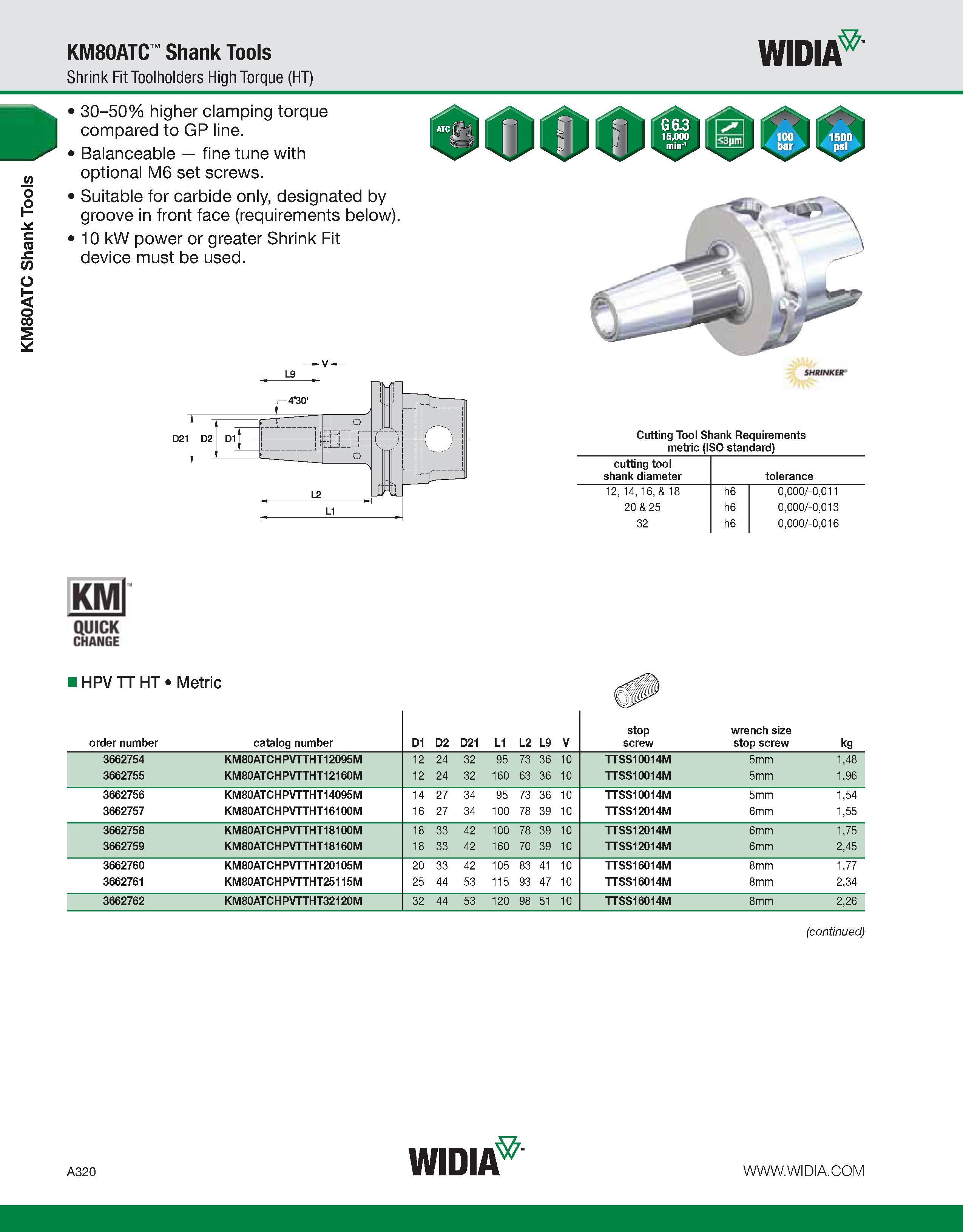 330 KM80ATC Shank Tools KM80ATC Shank Tools Shrink Fit Toolholders High Torque (HT) WIDIA 30-50% higher clamping torque compared to GP line Balanceab Каталог WIDIA 2011 Инструментальная оснастка для металлорежущих станков Вспомогательный инструмент для оборудования Адаптеры Насадки Оправки Патроны Стр. A320 ENG