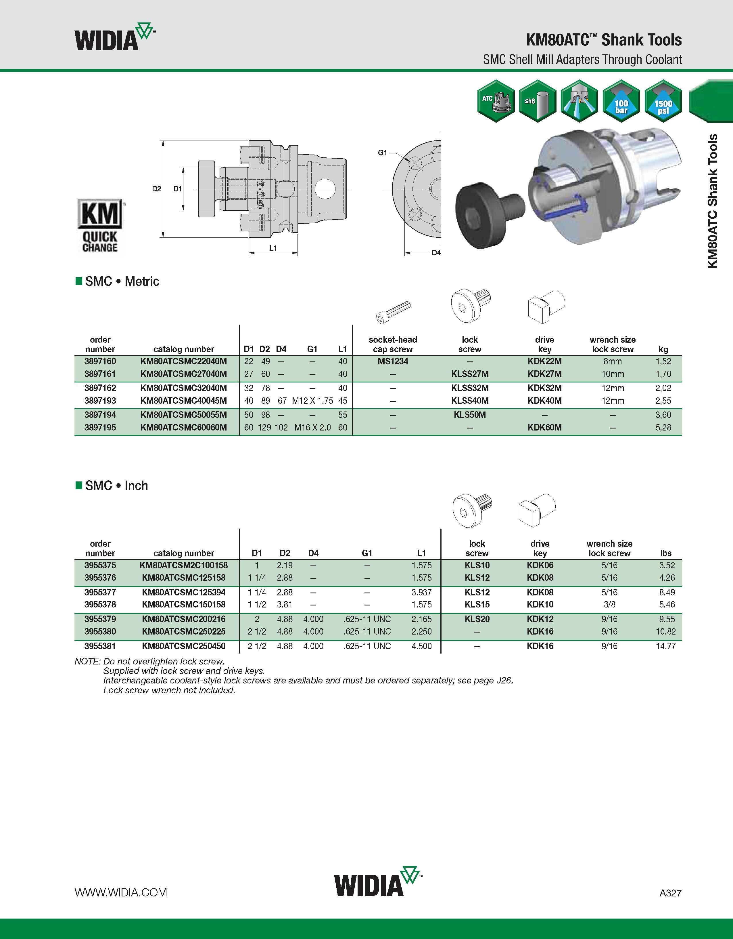 337 WIDIA KM80ATC Shank Tools SMC Shell Mill Adapters Through Coolant KM QUICK CHANGE I SMC Metric order number catalog number D1 D2 D4 G1 L1 socket- Каталог WIDIA 2011 Инструментальная оснастка для металлорежущих станков Вспомогательный инструмент для оборудования Адаптеры Насадки Оправки Патроны Стр. A327 ENG
