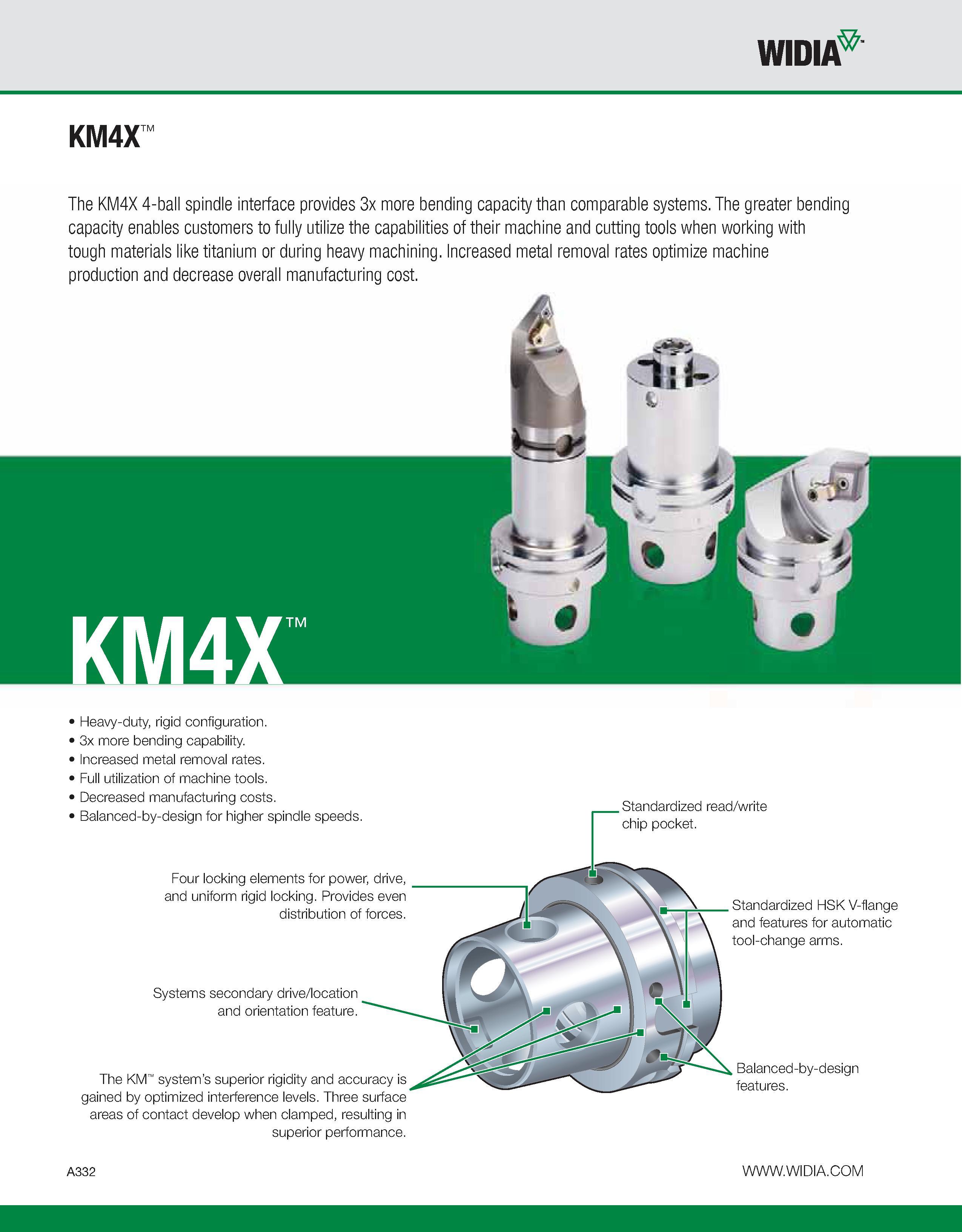 342 WIDIA KM4X The KM4X 4-ball spindle interface provides 3x more bending capacity than comparable systems The greater bending capacity enables custo Каталог WIDIA 2011 Инструментальная оснастка для металлорежущих станков Вспомогательный инструмент для оборудования Адаптеры Насадки Оправки Патроны Стр. A332 ENG