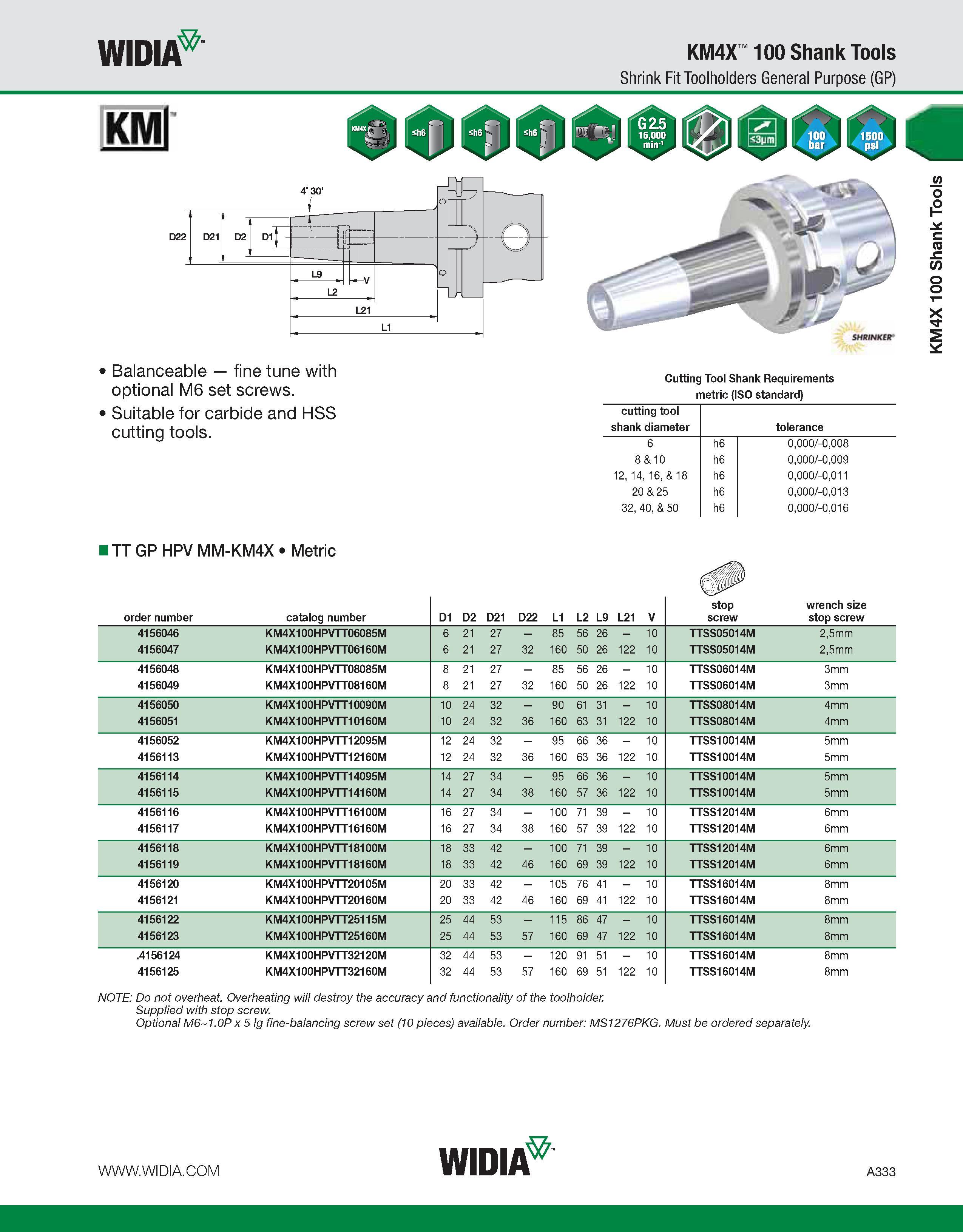 343 WIDIA KMj Balanceable - fine tune with optional M6 set screws Suitable for carbide and HSS cutting tools KM4X 100 Shank Tools Shrink Fit Toolhold Каталог WIDIA 2011 Инструментальная оснастка для металлорежущих станков Вспомогательный инструмент для оборудования Адаптеры Насадки Оправки Патроны Стр. A333 ENG