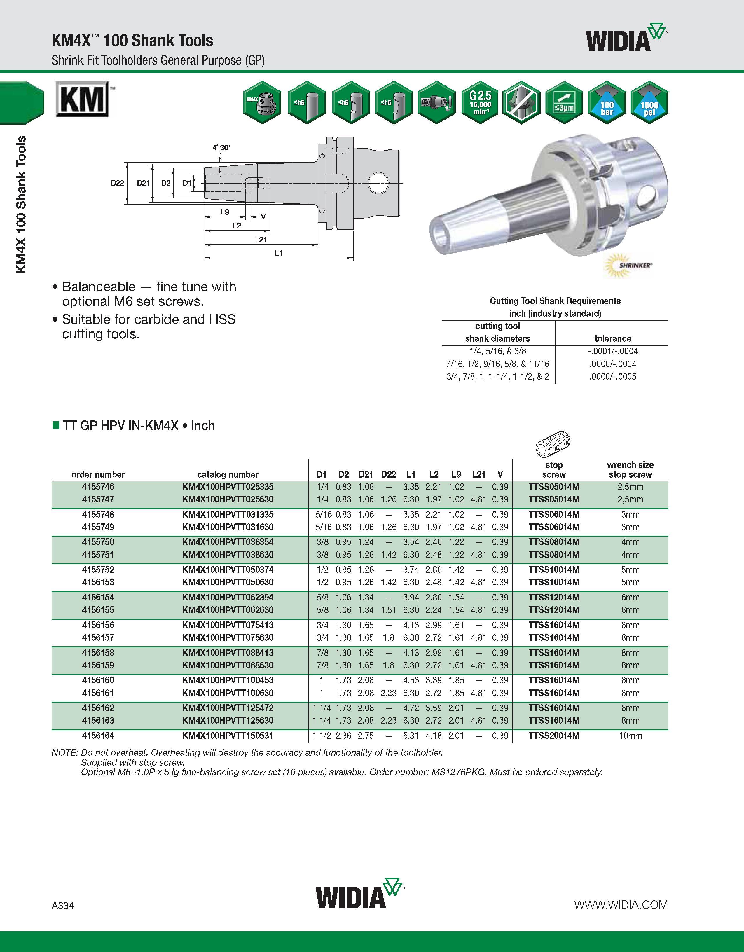 344 KM4X 100 Shank Tools KM4X 100 Shank Tools Shrink Fit Toolholders General Purpose (GP) WIDIA Balanceable fine tune with optional M6 set screws Sui Каталог WIDIA 2011 Инструментальная оснастка для металлорежущих станков Вспомогательный инструмент для оборудования Адаптеры Насадки Оправки Патроны Стр. A334 ENG