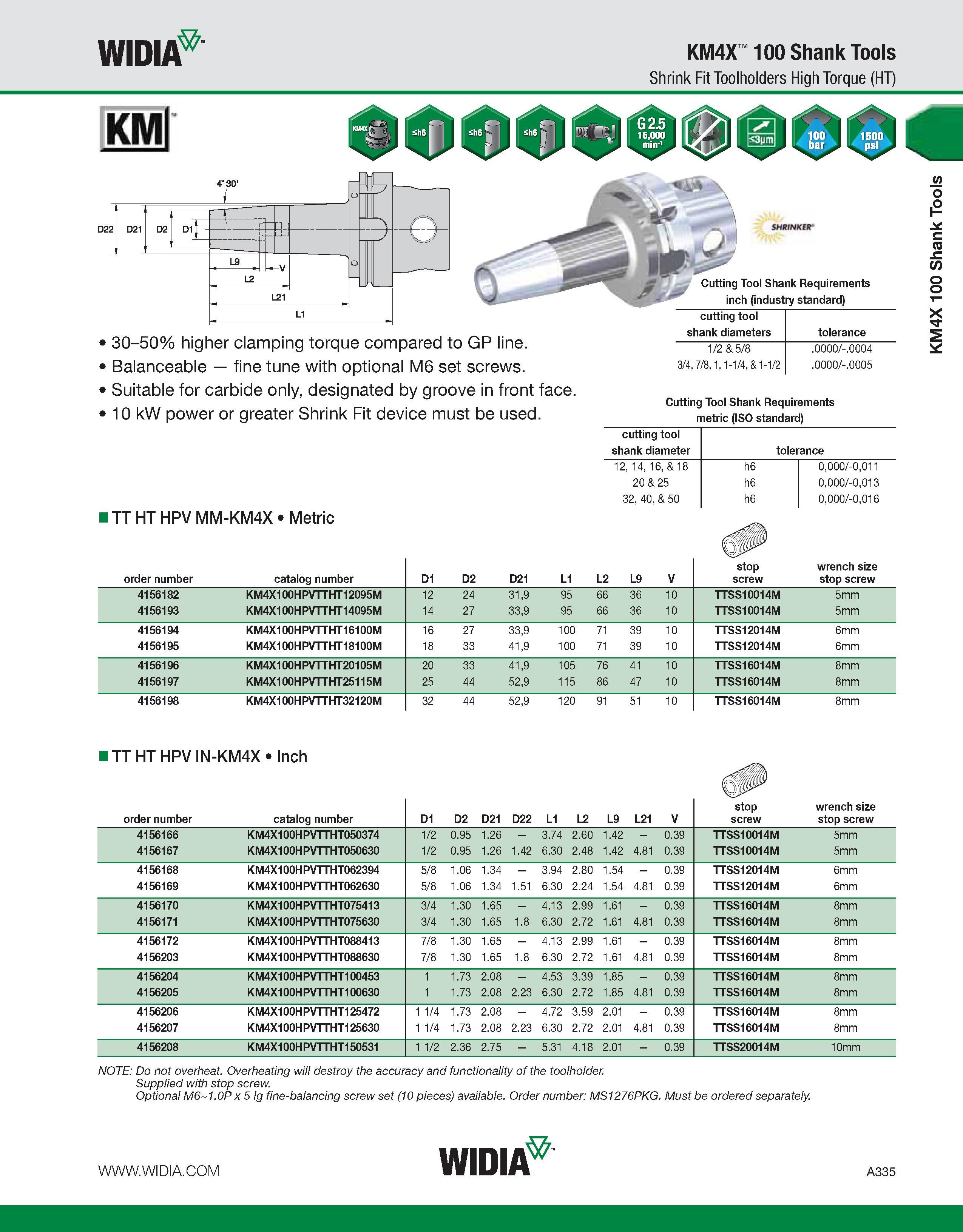 345 WIDIA KM4X 100 Shank Tools Shrink Fit Toolholders High Torque (HT) KMl Cutting Tool Shank Requirements inch (industry standard) 30-50% higher cla Каталог WIDIA 2011 Инструментальная оснастка для металлорежущих станков Вспомогательный инструмент для оборудования Адаптеры Насадки Оправки Патроны Стр. A335 ENG