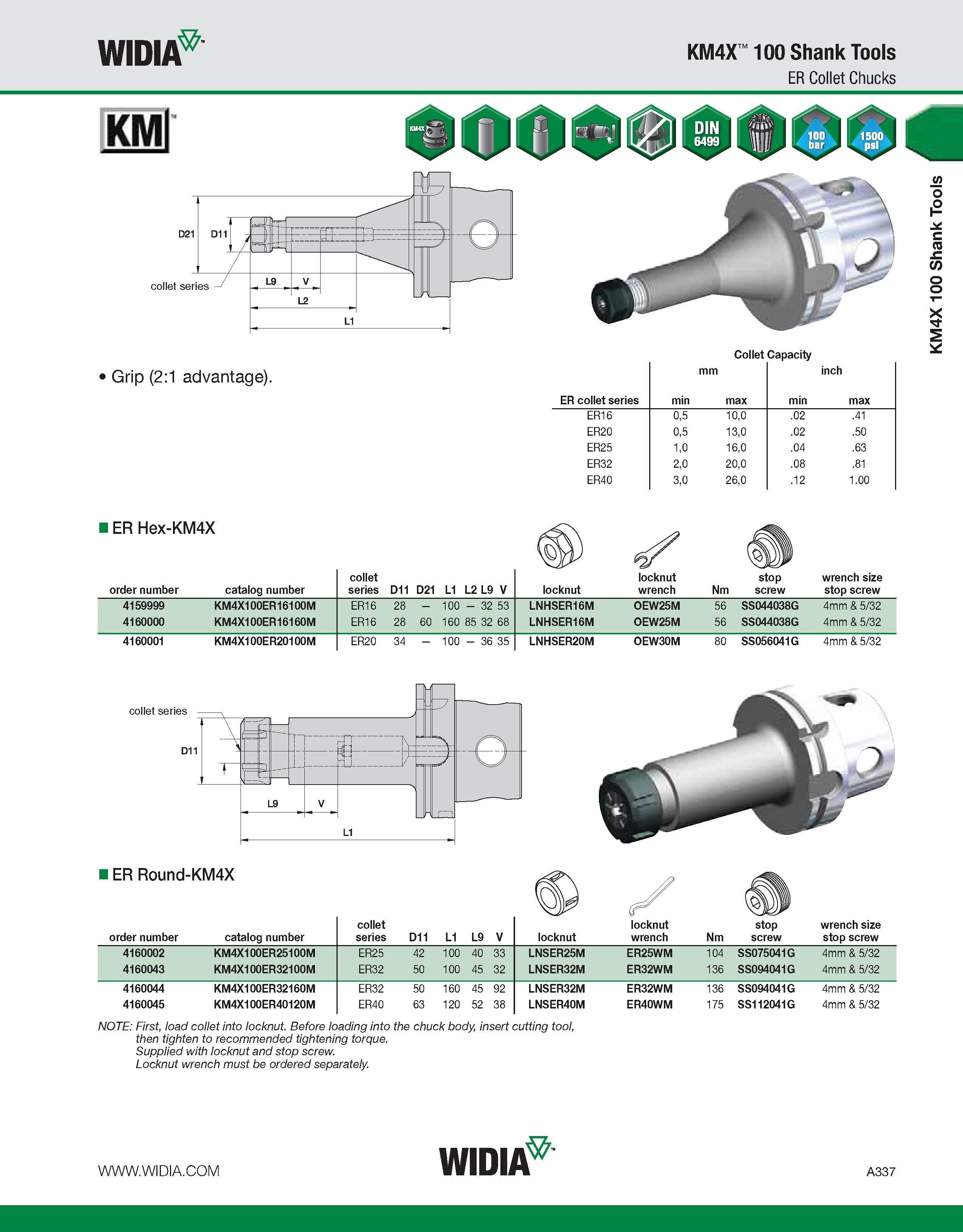 347 WIDIA KM4X 100 Shank Tools ER Collet Chucks KMl Grip (2:1 advantage) Collet Capacity ER collet series min mm max min inch max ER16 0,5 10,0 02 41 Каталог WIDIA 2011 Инструментальная оснастка для металлорежущих станков Вспомогательный инструмент для оборудования Адаптеры Насадки Оправки Патроны Стр. A337 ENG
